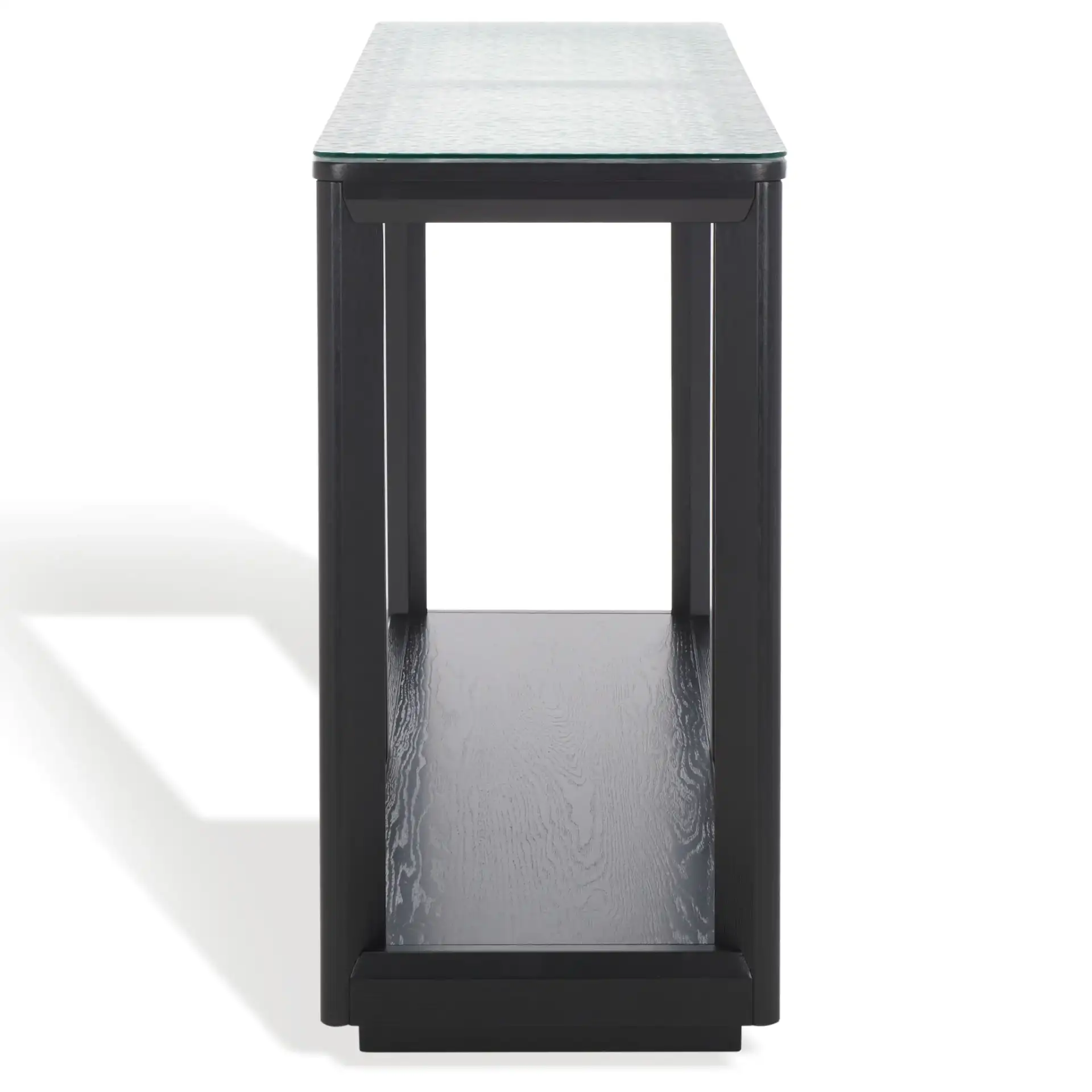 Benecarlo Glass Top Console Table in Black / Clear, detail view