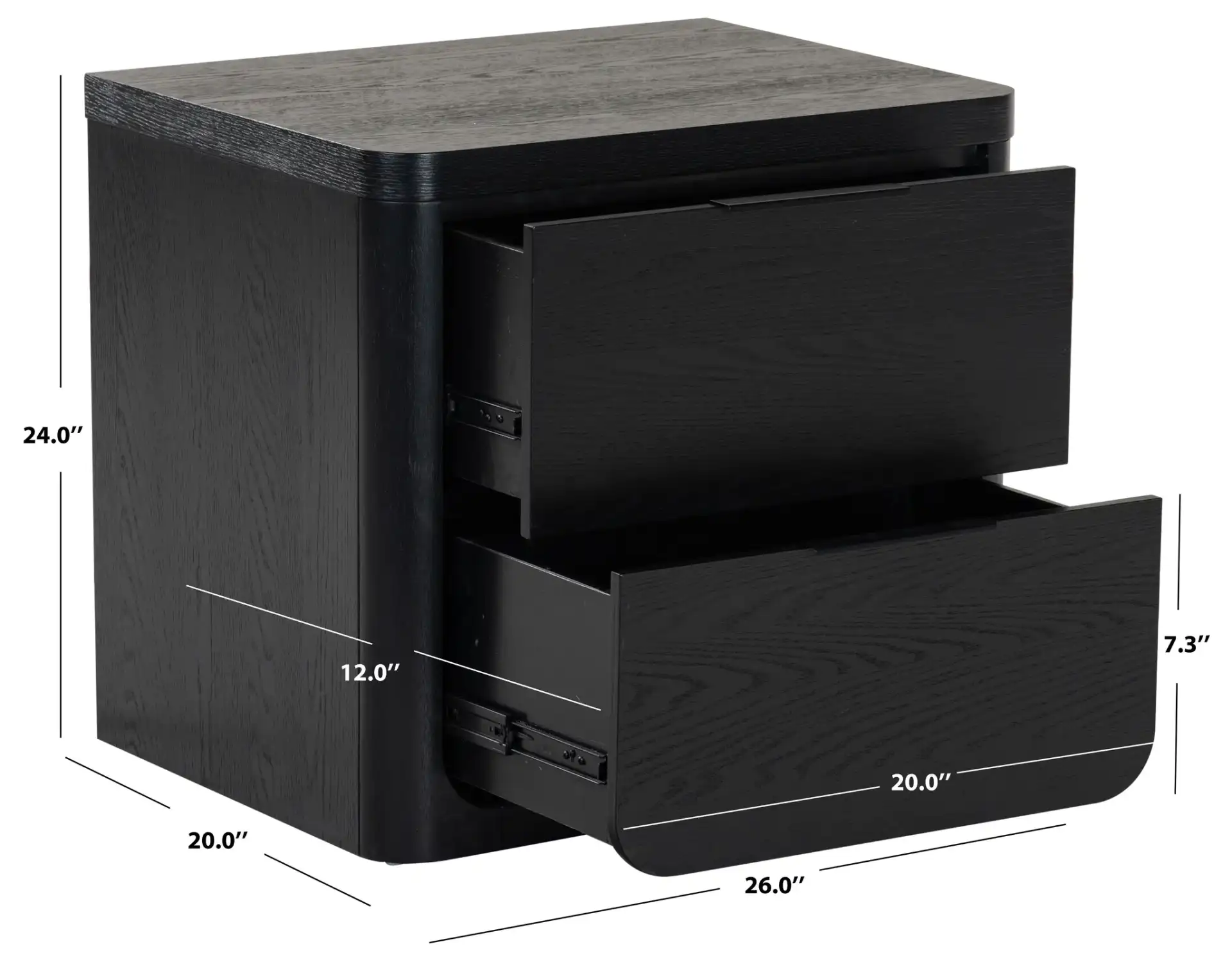 Raylie Two-Drawer Wood Nightstand in Black, detail view