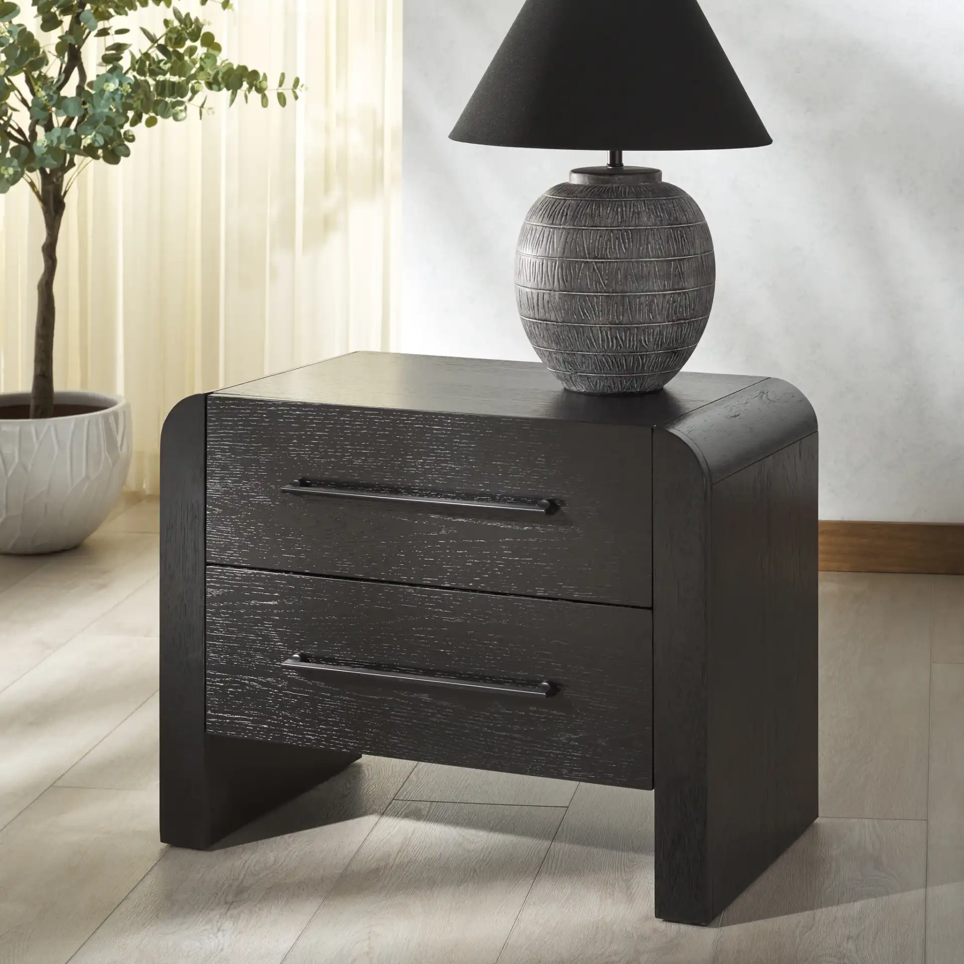 Katrina Two-Drawer Nightstand in Black in a styled room