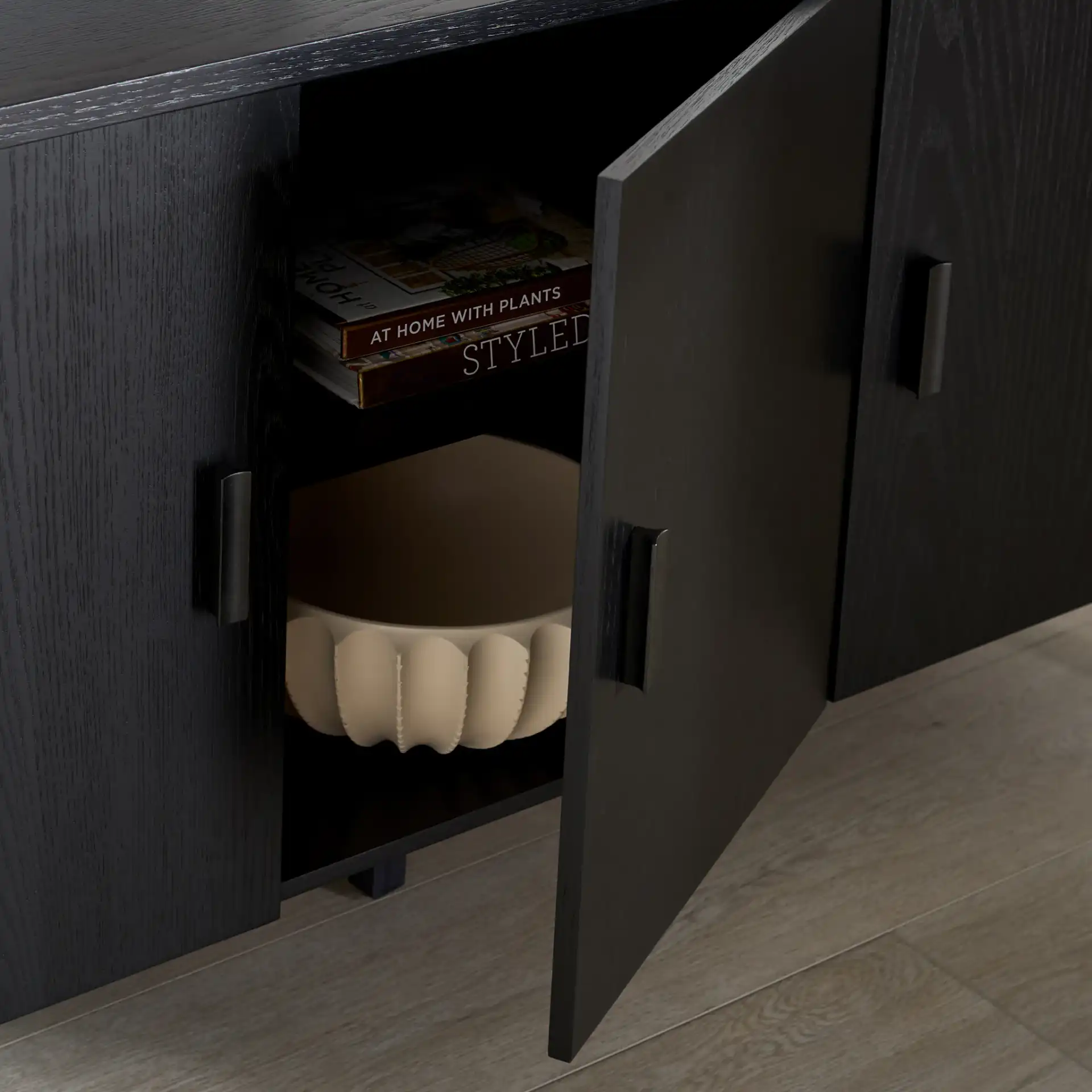 Jaylessa Wood Three-Door Sideboard in Natural in a styled room