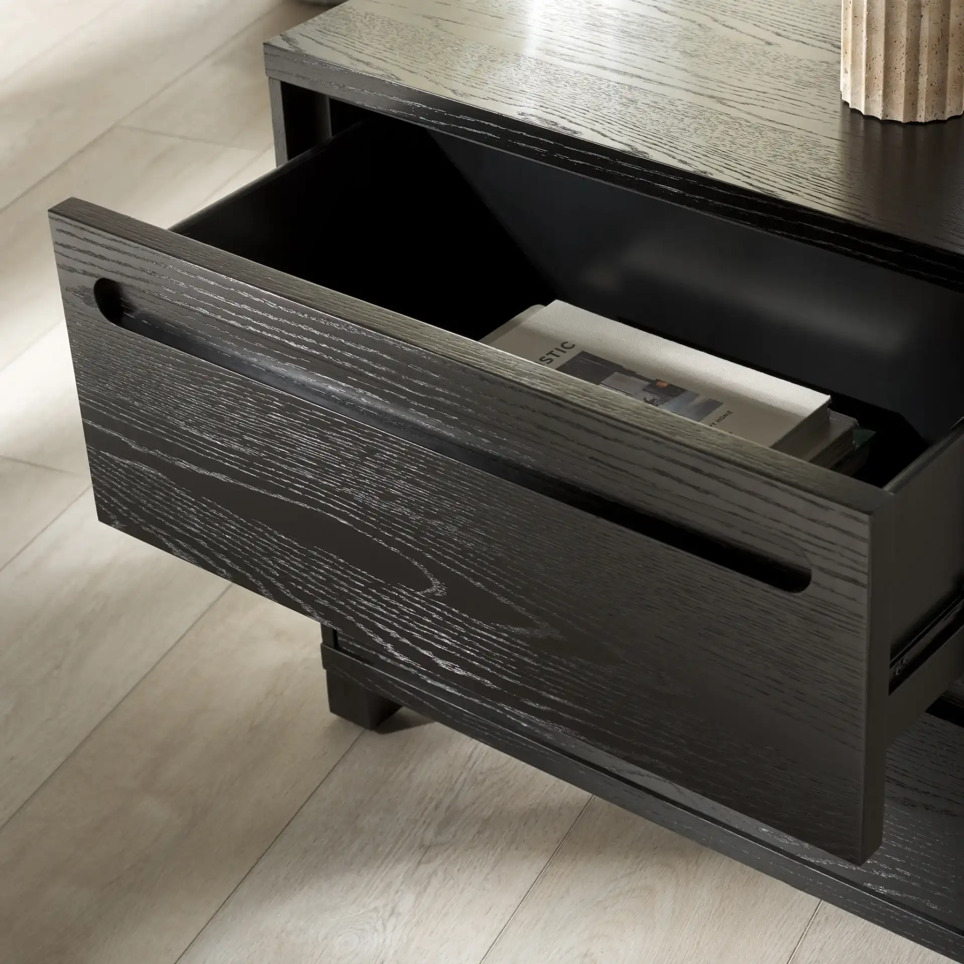 Tobiette Two-Drawer Nightstand in Black in a styled room