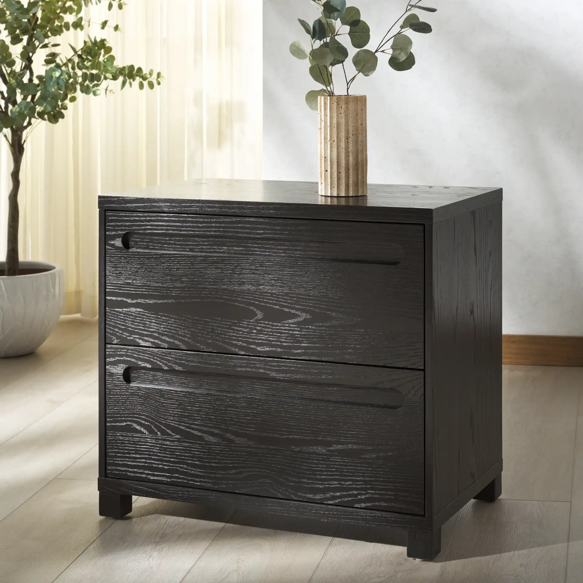 Tobiette Two-Drawer Nightstand in Black in a styled room