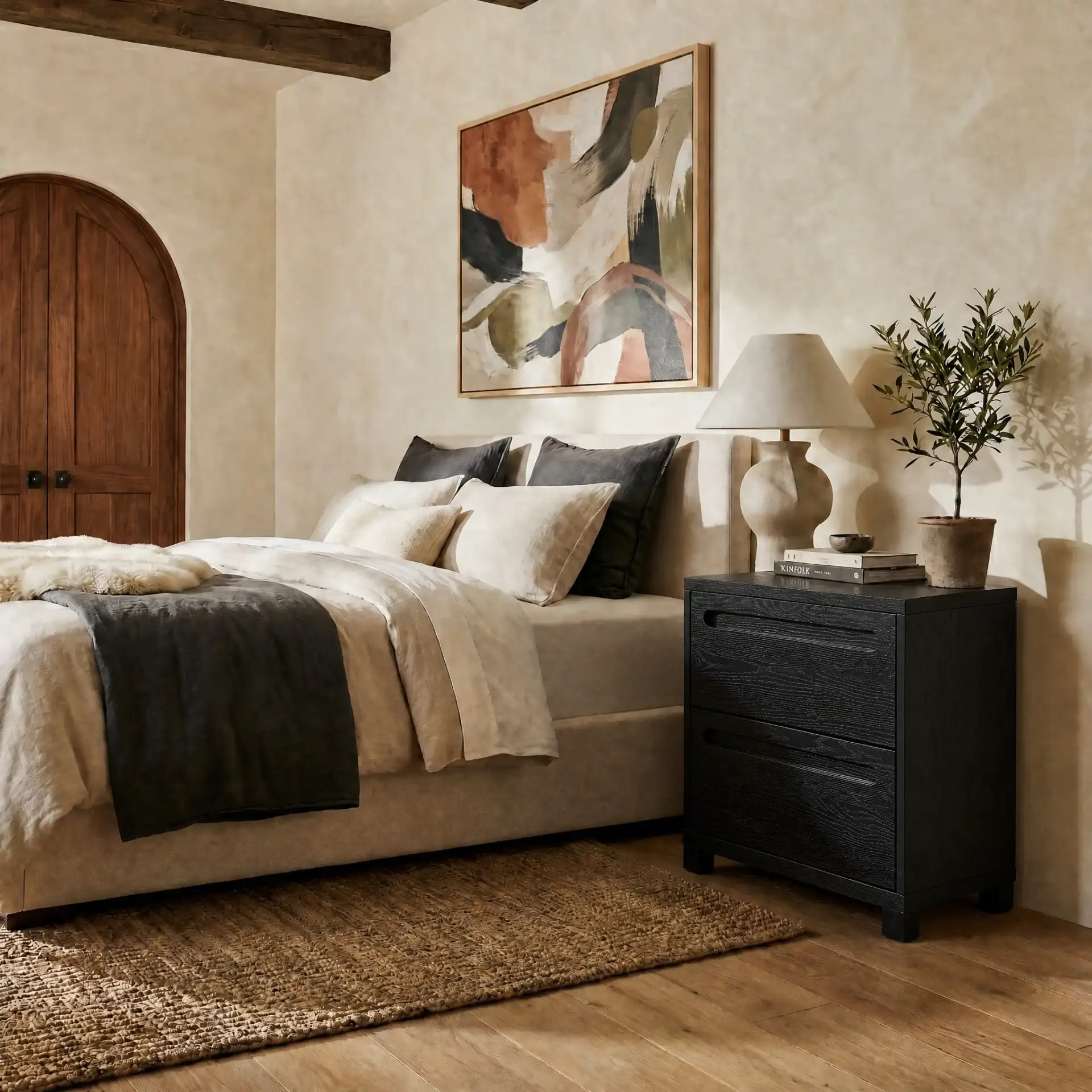 Tobiette Two-Drawer Nightstand in Black in a styled room