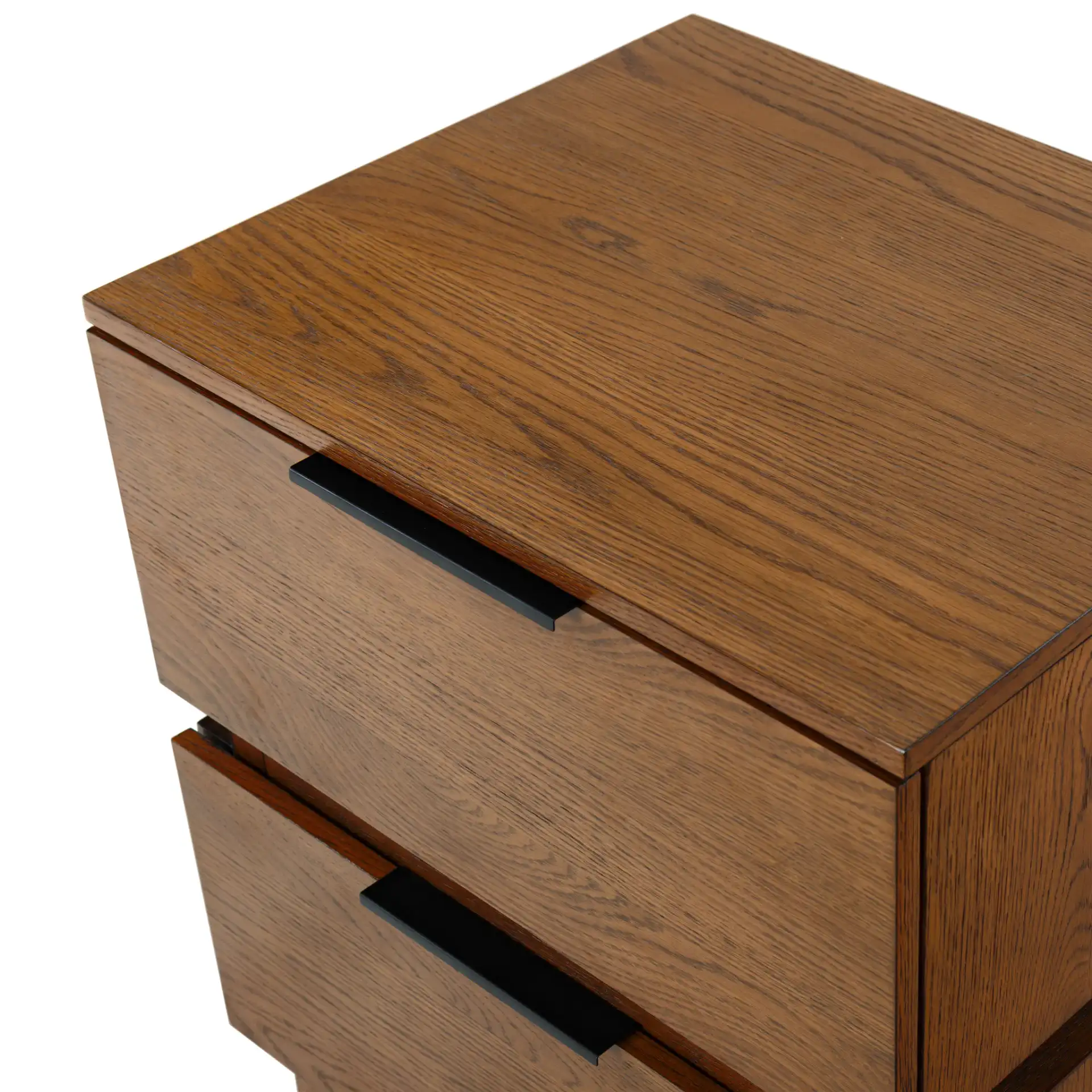 Titus Two-Drawer Nightstand in Medium Oak in a styled room