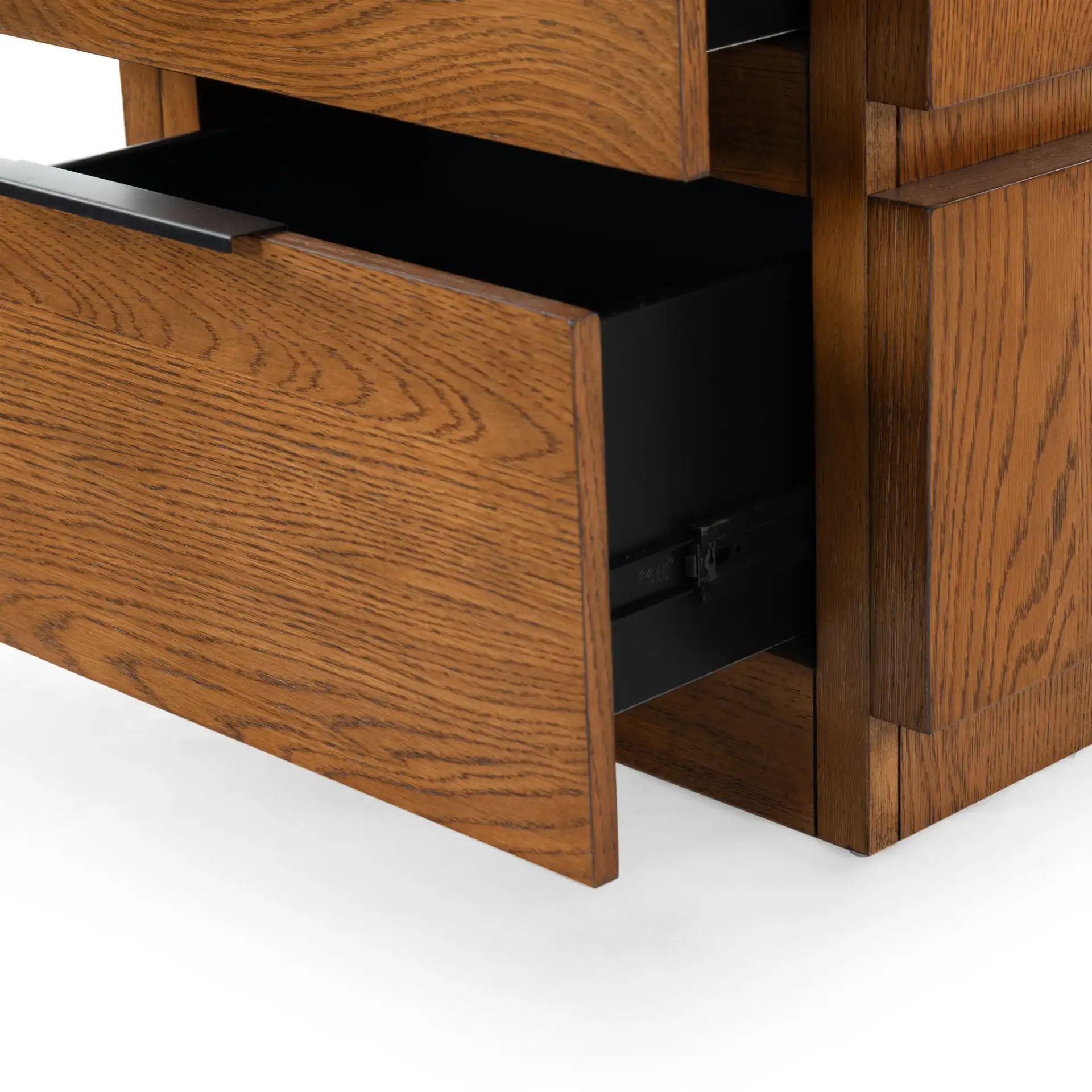 Titus Two-Drawer Nightstand in Medium Oak in a styled room