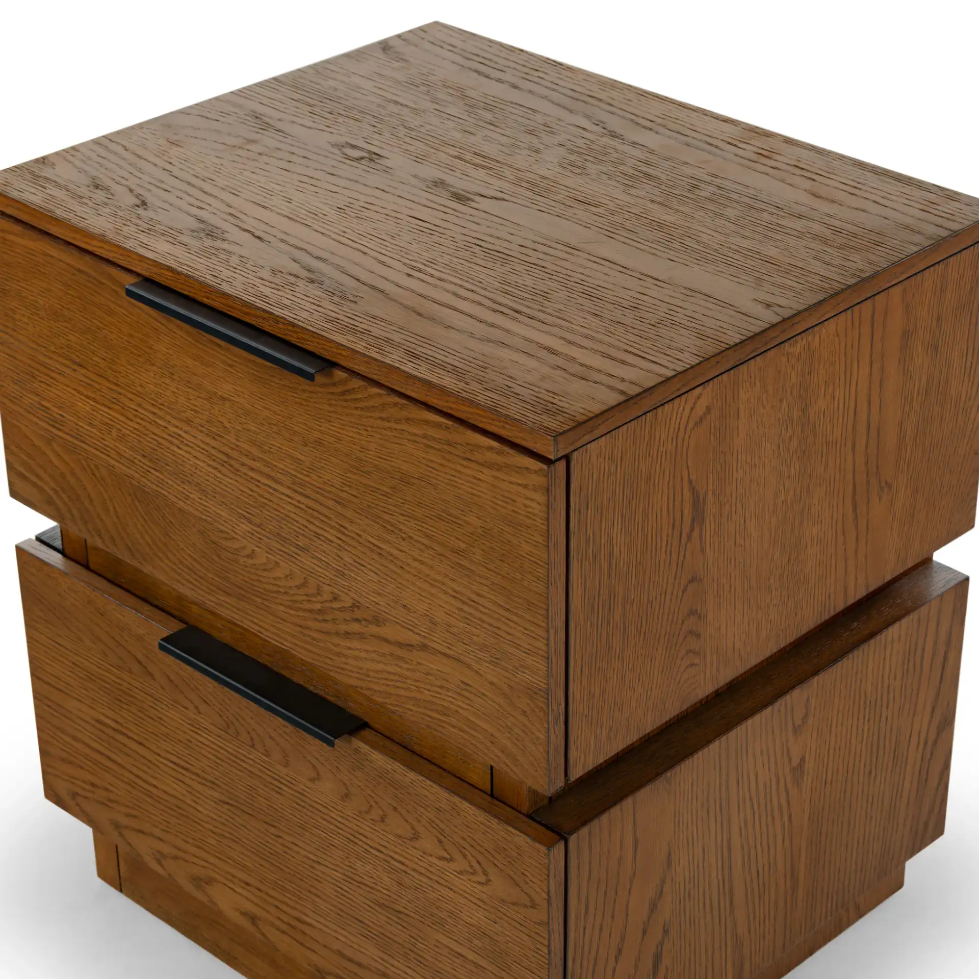 Titus Two-Drawer Nightstand in Medium Oak in a styled room