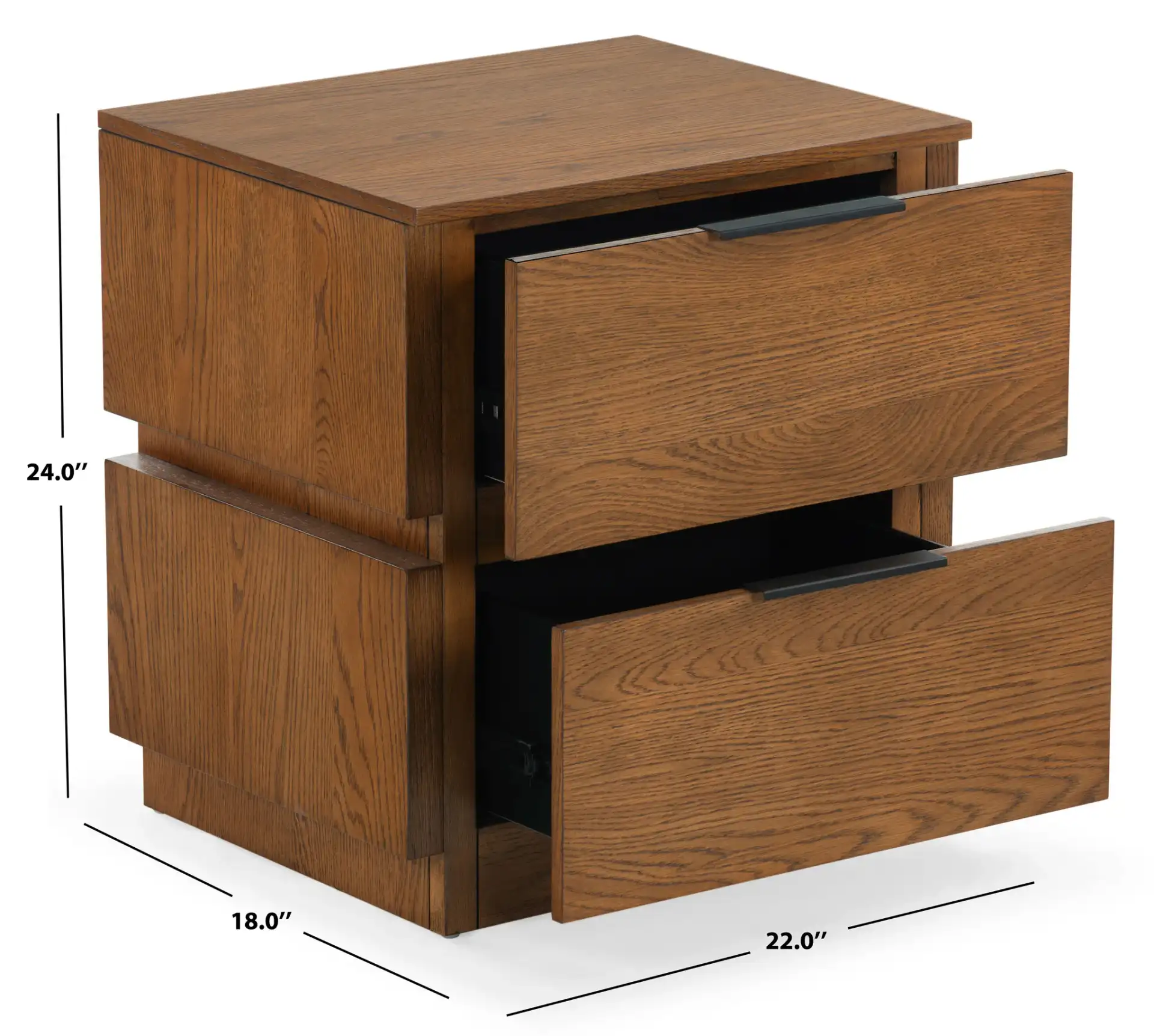 Titus Two-Drawer Nightstand in Medium Oak, detail view