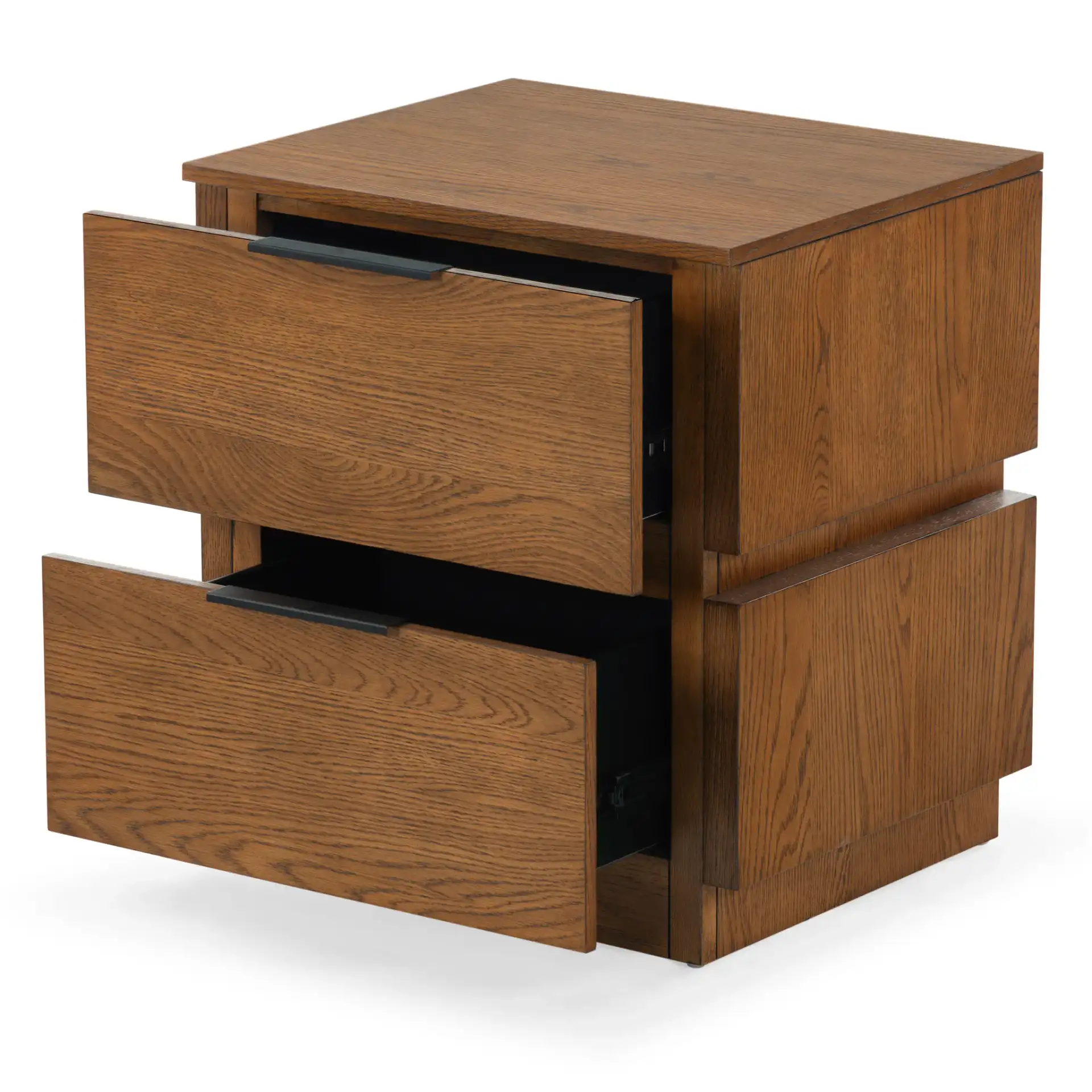 Titus Two-Drawer Nightstand in Medium Oak, detail view