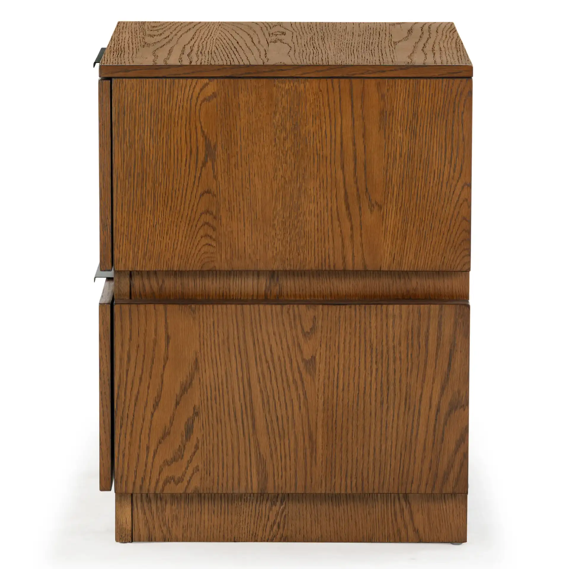 Titus Two-Drawer Nightstand in Medium Oak, detail view