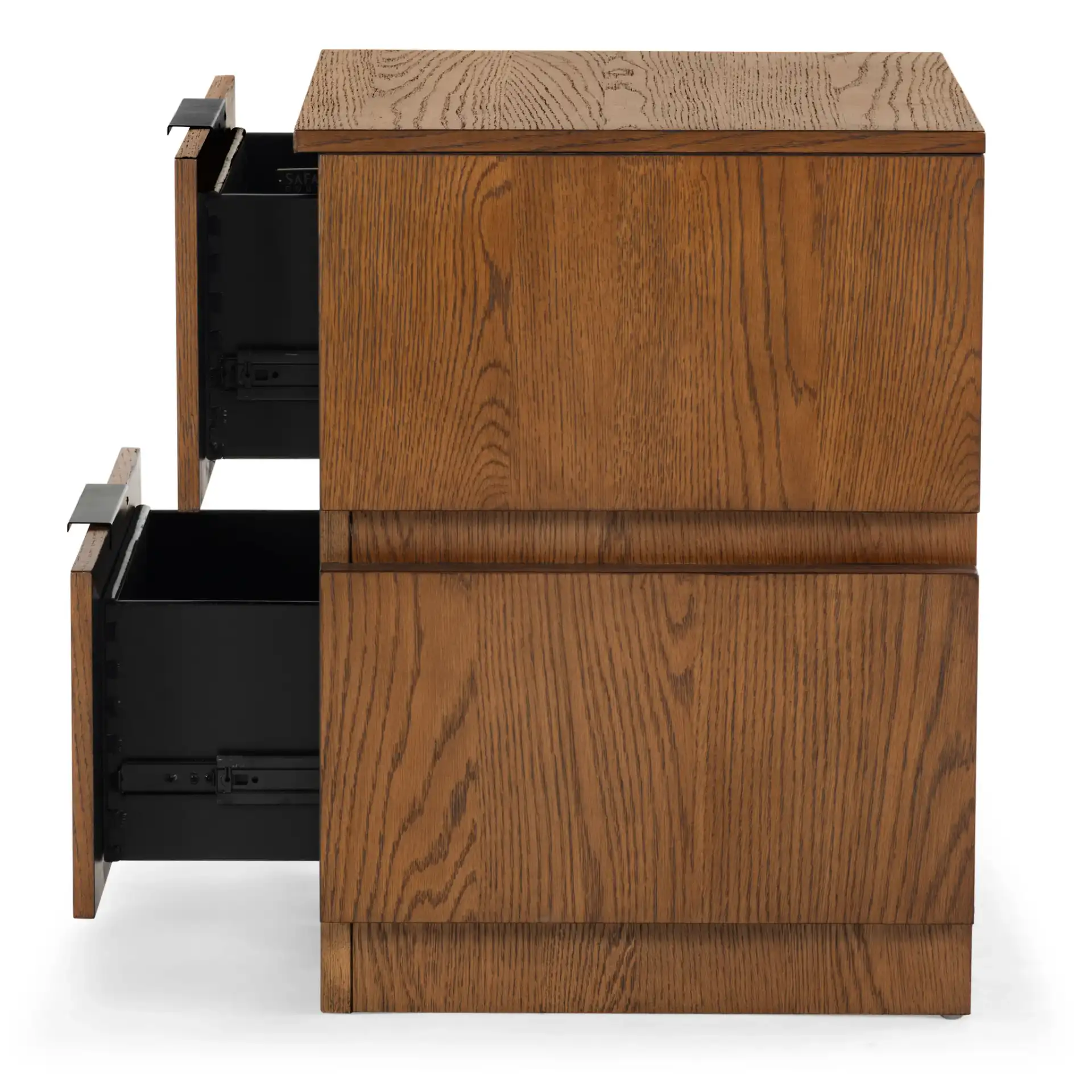 Titus Two-Drawer Nightstand in Medium Oak, detail view