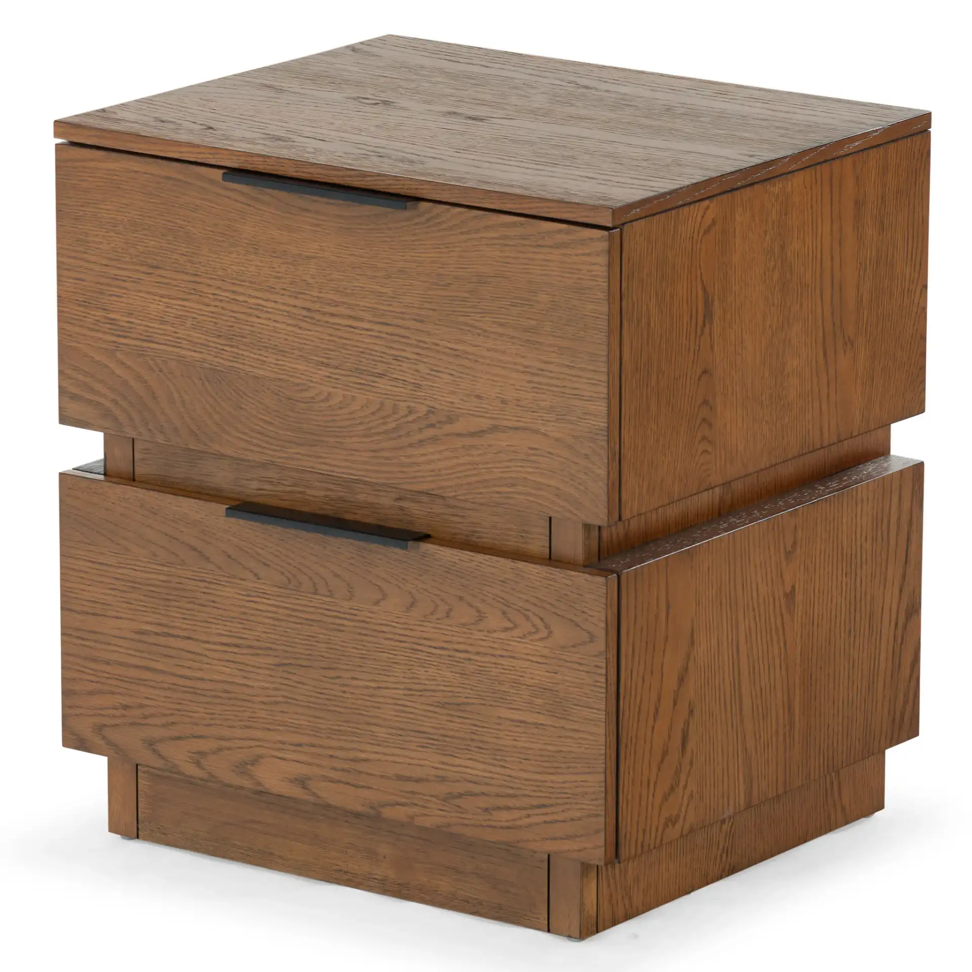 Titus Two-Drawer Nightstand in Medium Oak, detail view