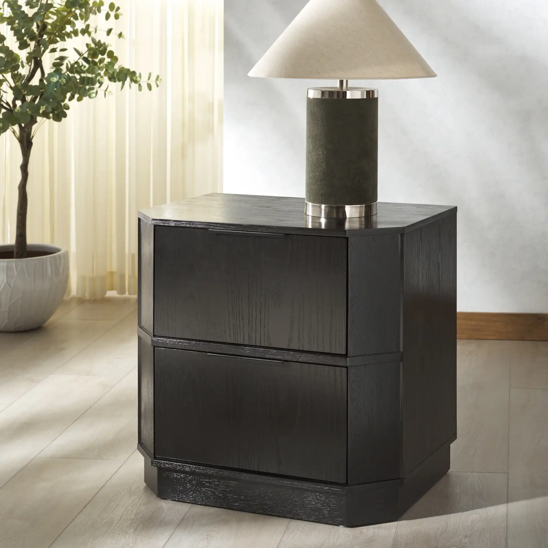 Aerilyn Two-Drawer Nightstand in Black in a styled room