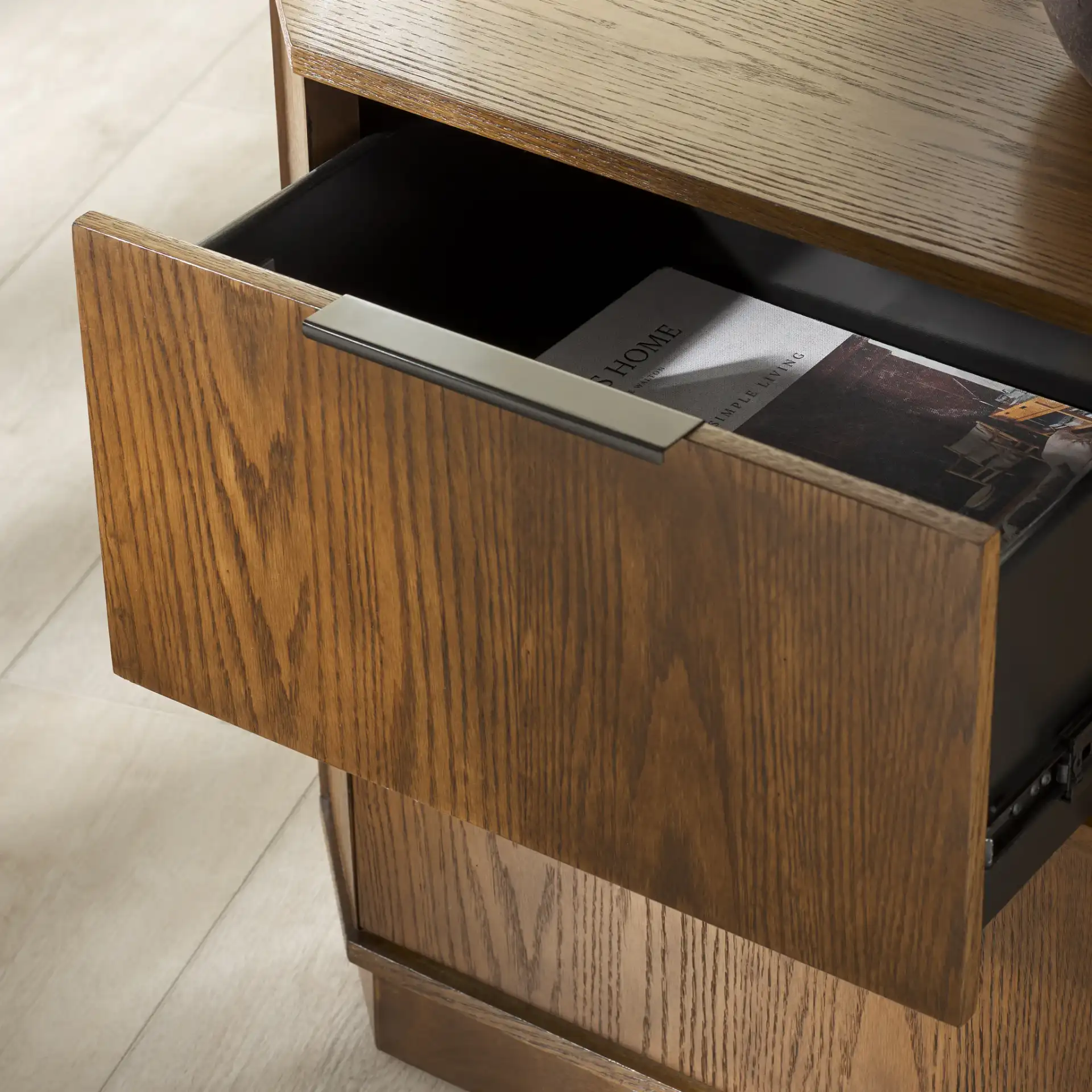 Aerilyn Two-Drawer Nightstand in Medium Oak in a styled room