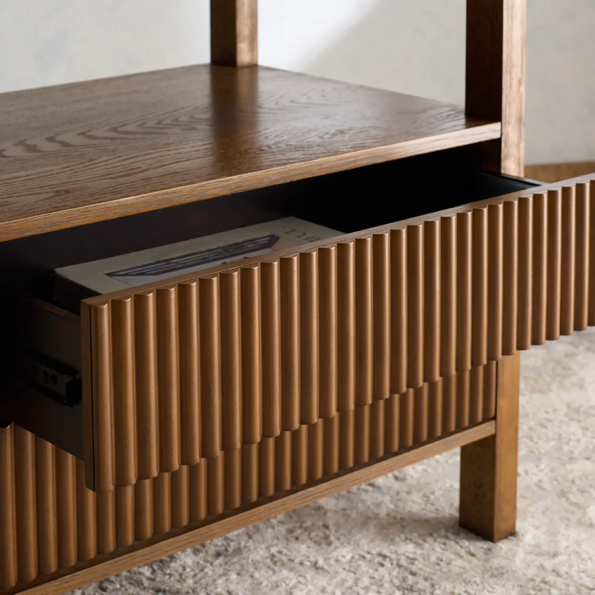 Shelbie Two-Drawer Nightstand in Medium Oak in a styled room