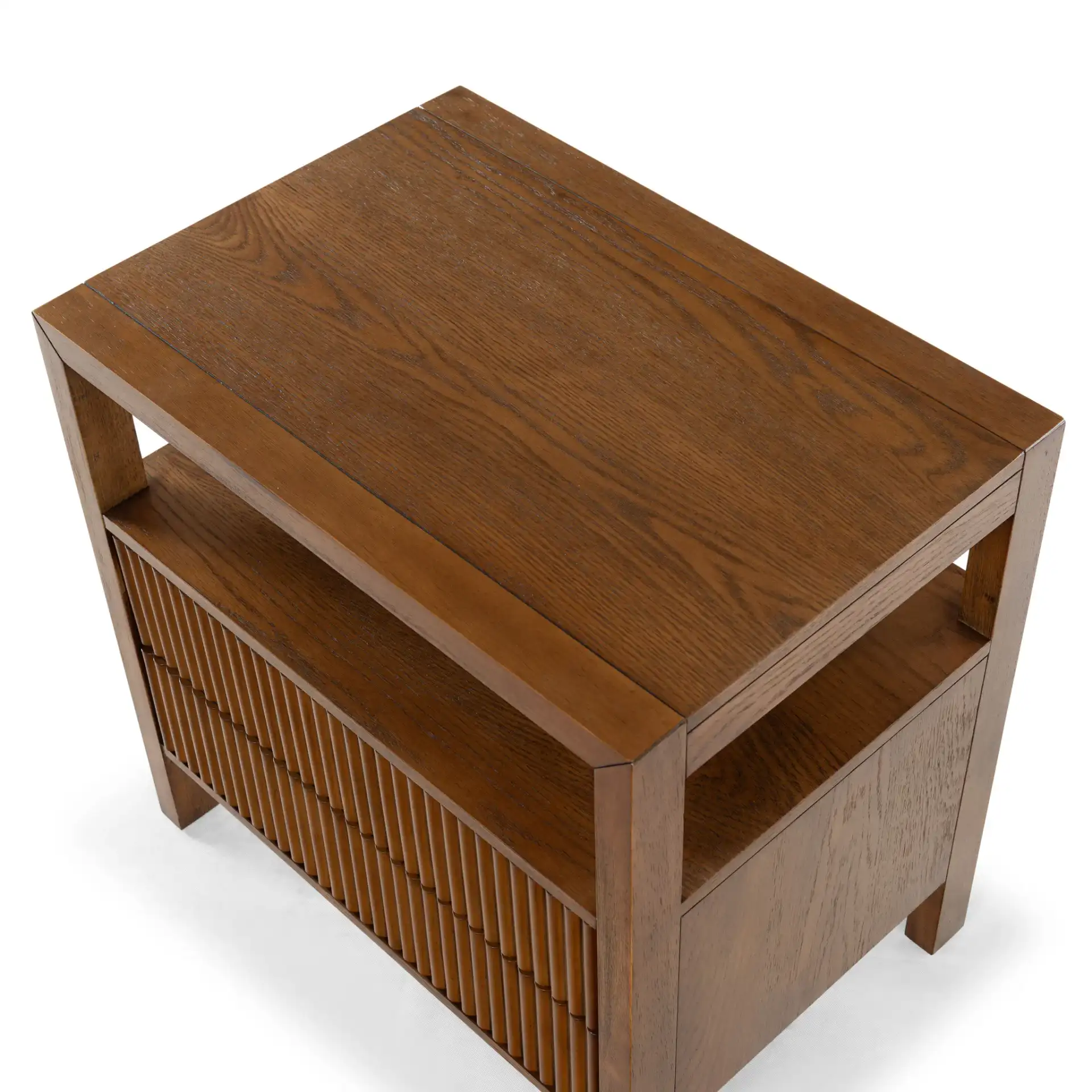 Shelbie Two-Drawer Nightstand in Medium Oak in a styled room