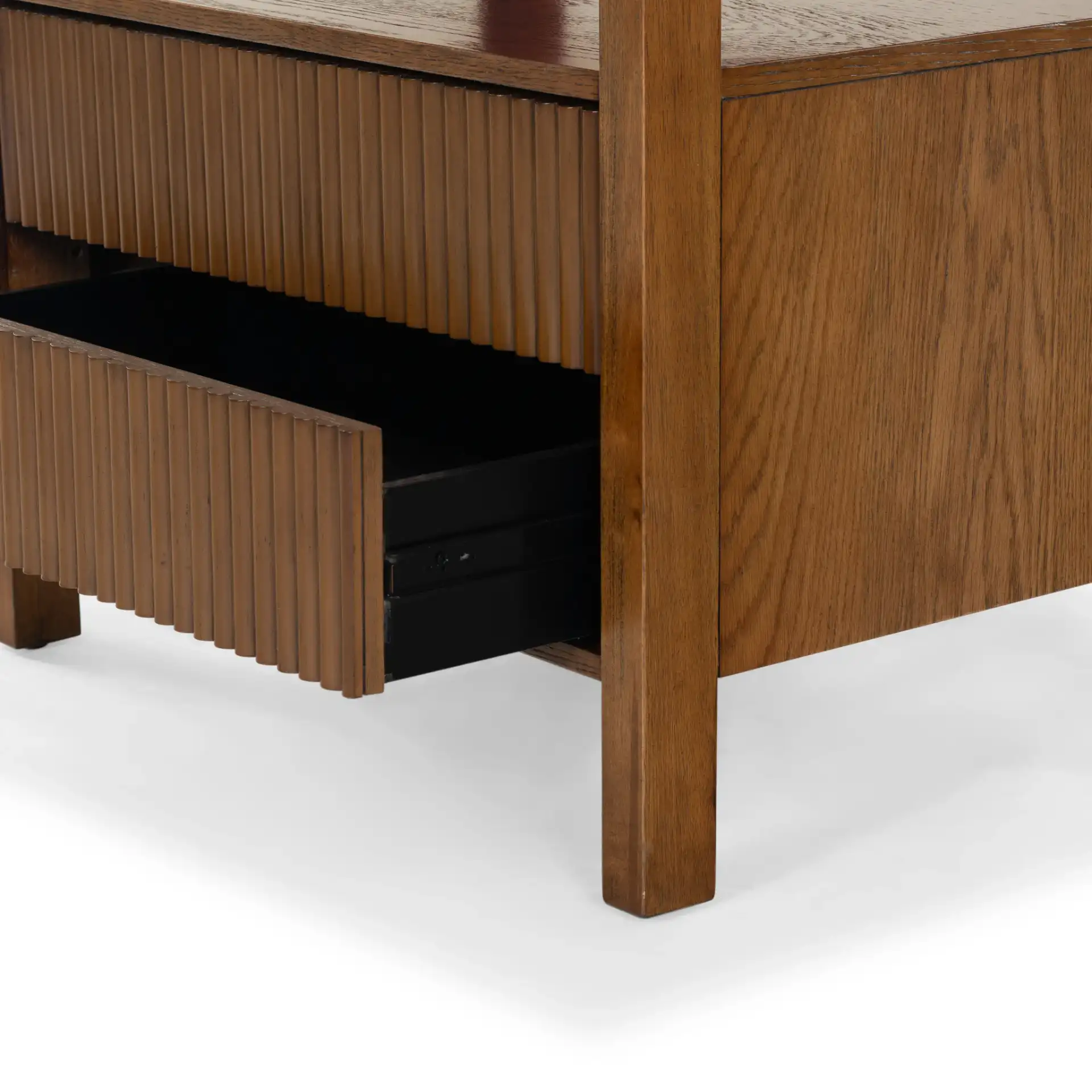 Shelbie Two-Drawer Nightstand in Medium Oak in a styled room