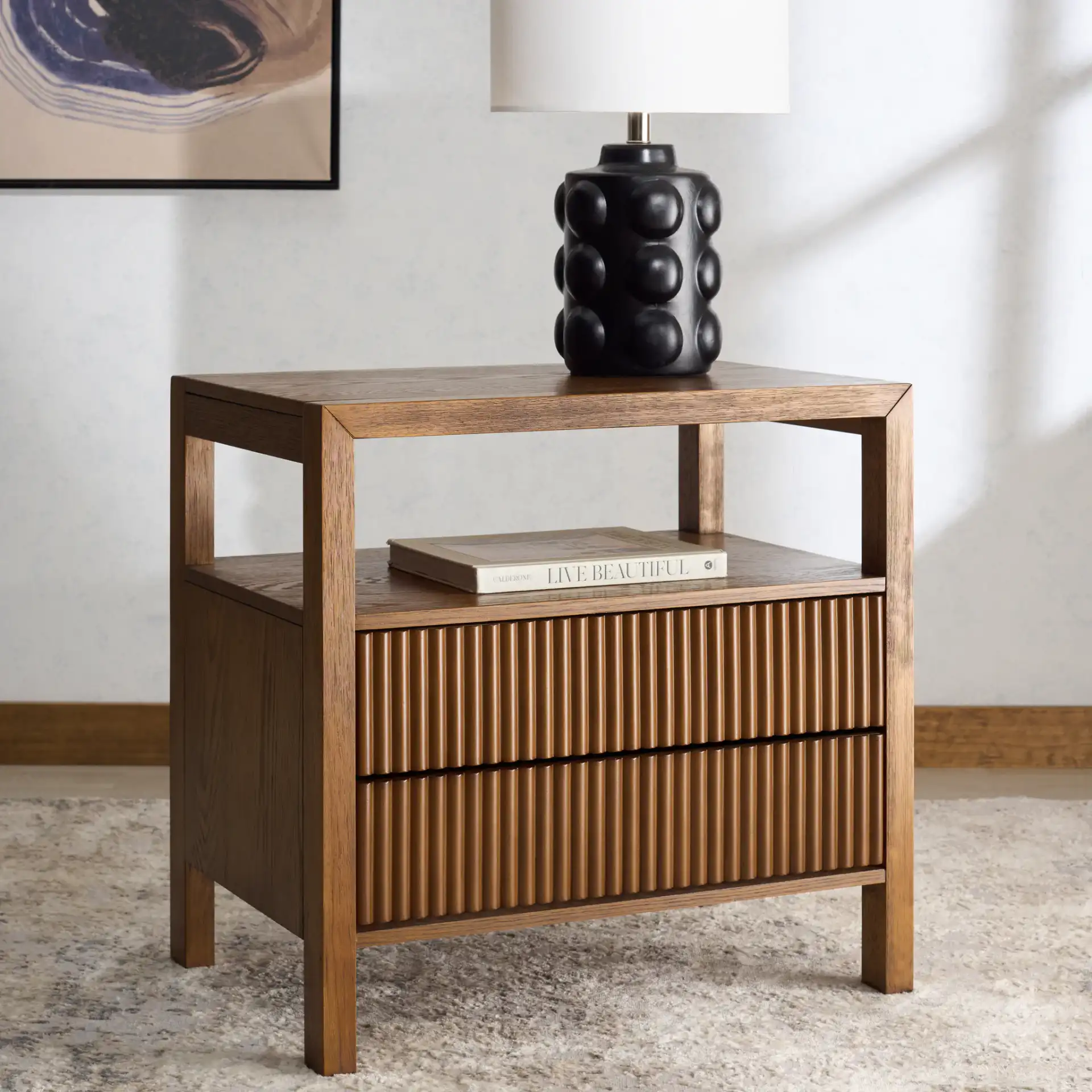 Shelbie Two-Drawer Nightstand in Medium Oak in a styled room