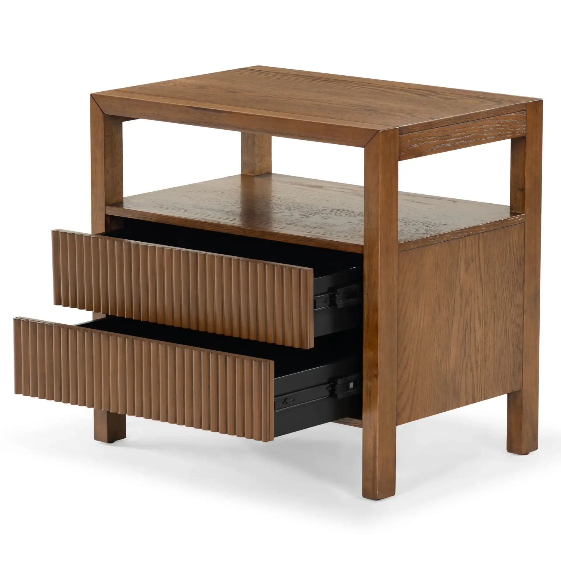 Shelbie Two-Drawer Nightstand in Medium Oak, detail view