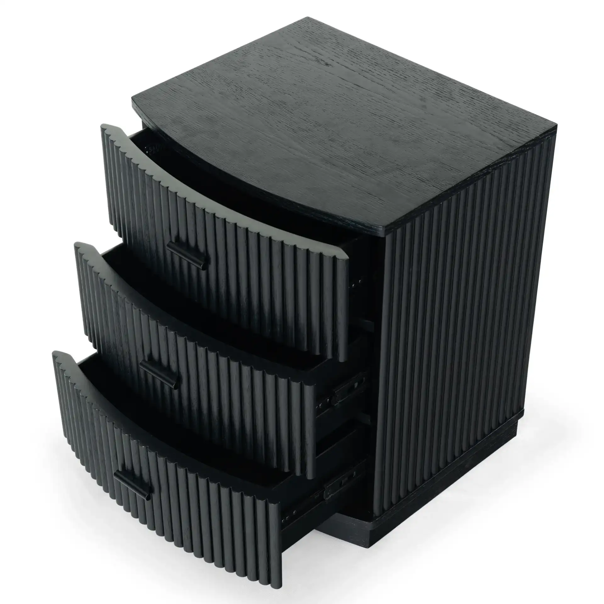 Shelbie Three-Drawer Nightstand in Black in a styled room