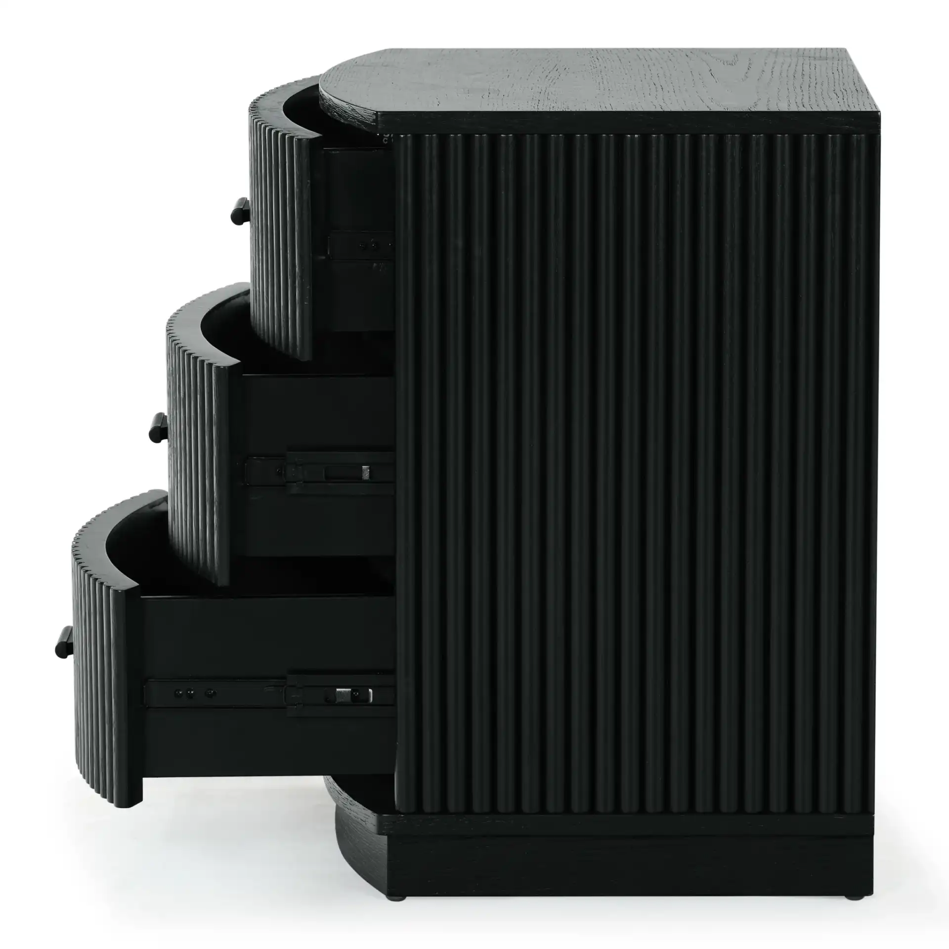 Shelbie Three-Drawer Nightstand in Black, detail view