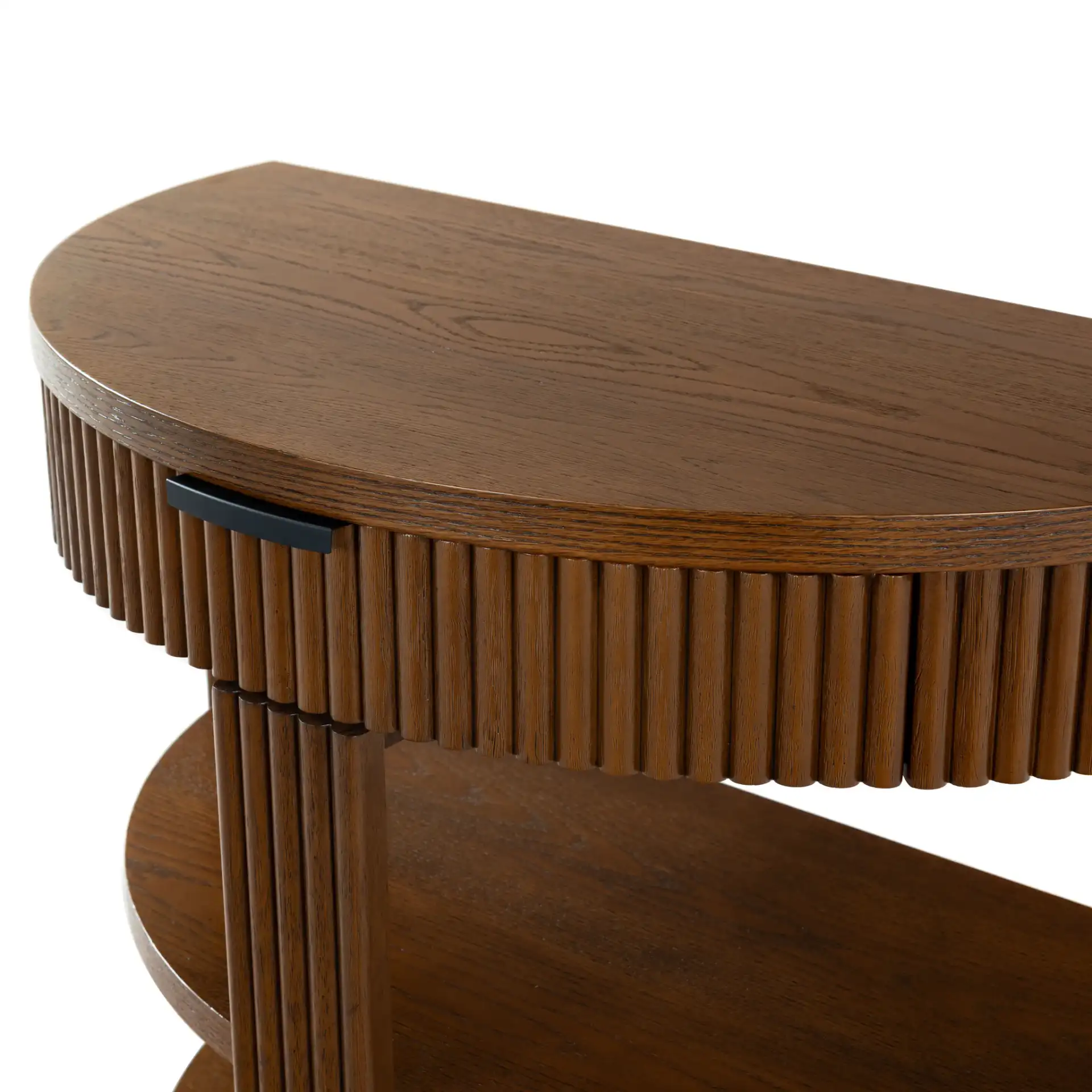 Shelbie Reeded Console Table in Medium Oak / Black in a styled room