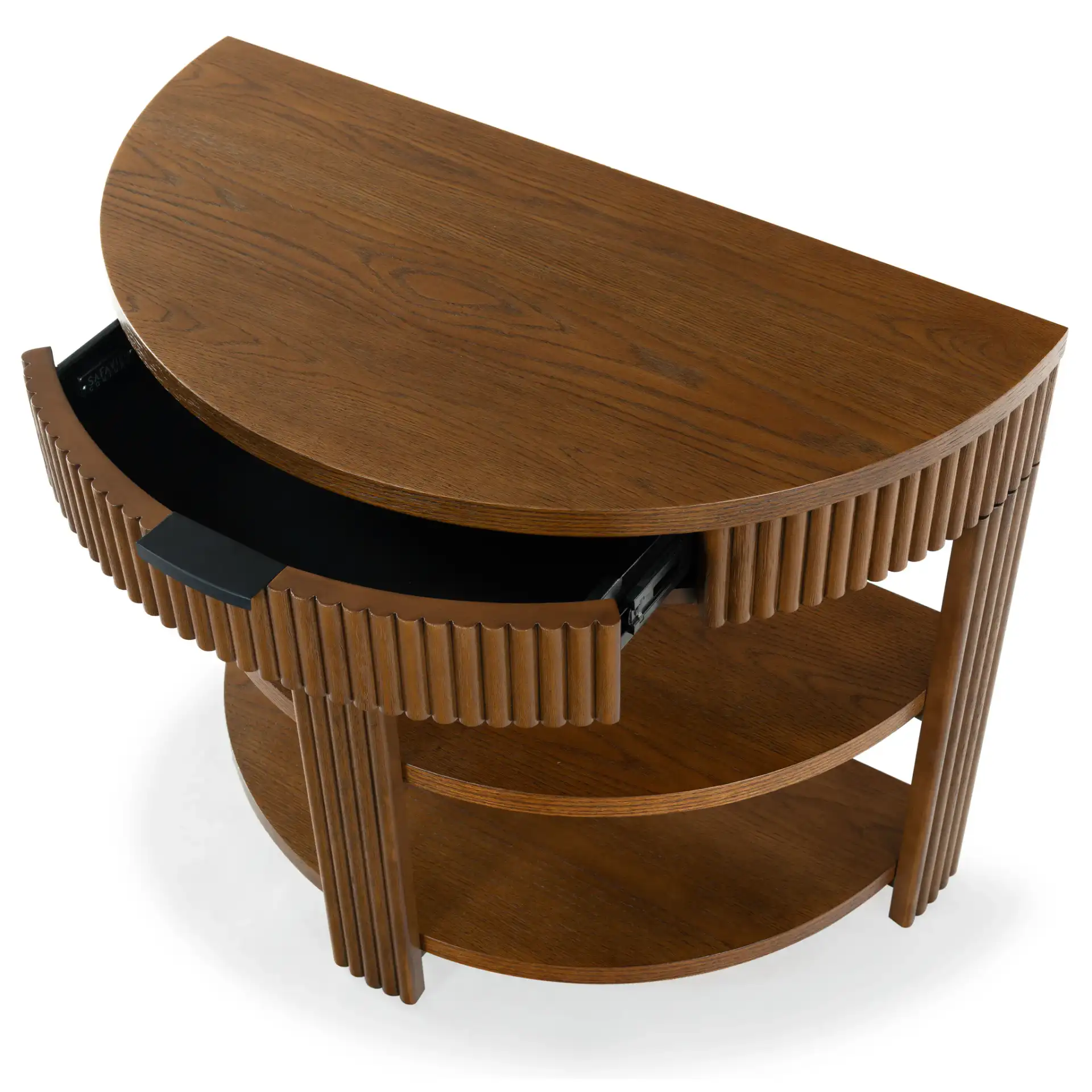 Shelbie Reeded Console Table in Medium Oak / Black in a styled room