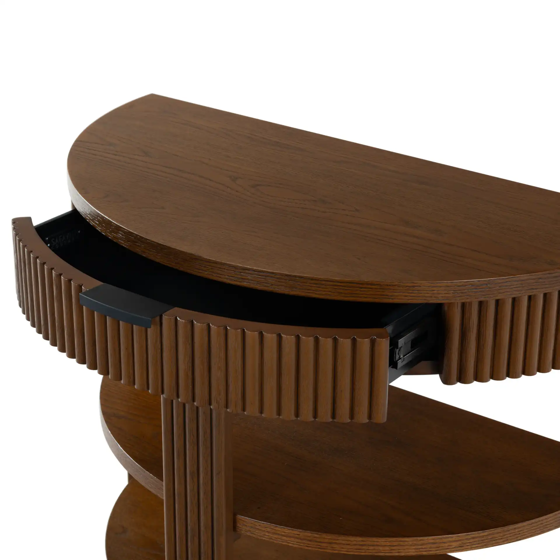 Shelbie Reeded Console Table in Medium Oak / Black in a styled room