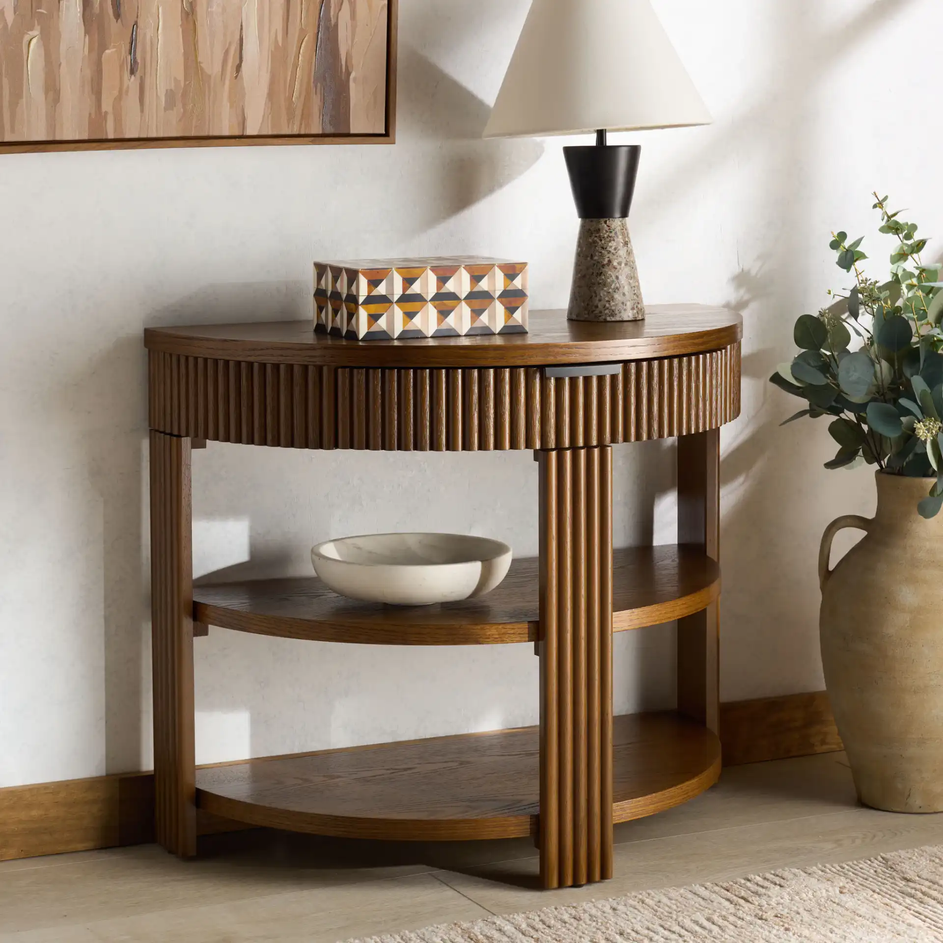 Shelbie Reeded Console Table in Medium Oak / Black in a styled room