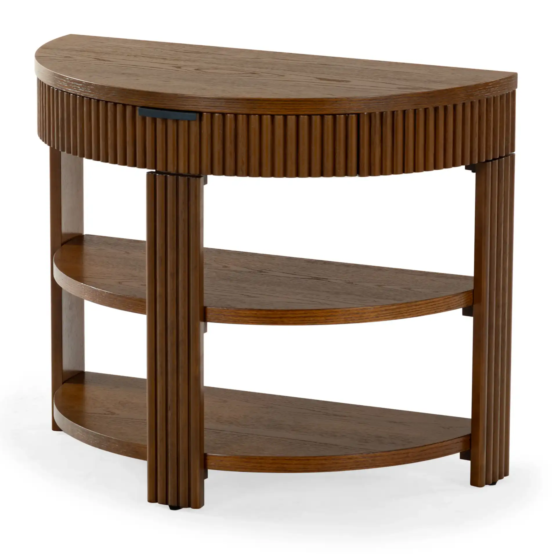 Shelbie Reeded Console Table in Medium Oak / Black, detail view