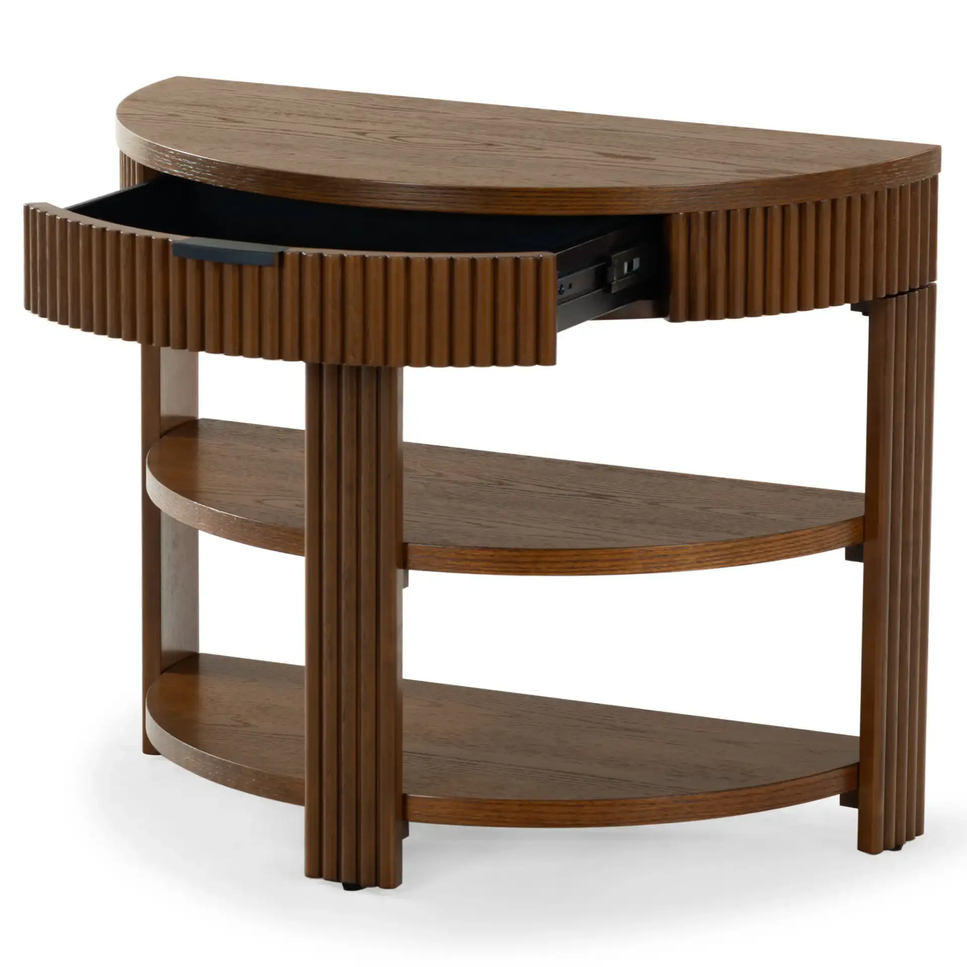 Shelbie Reeded Console Table in Medium Oak / Black, detail view