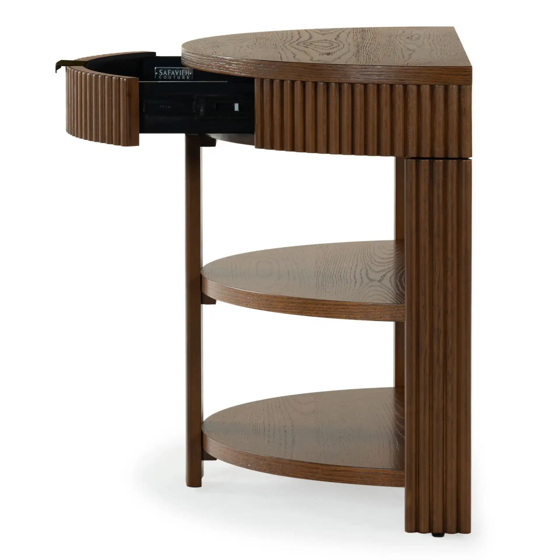 Shelbie Reeded Console Table in Medium Oak / Black, detail view
