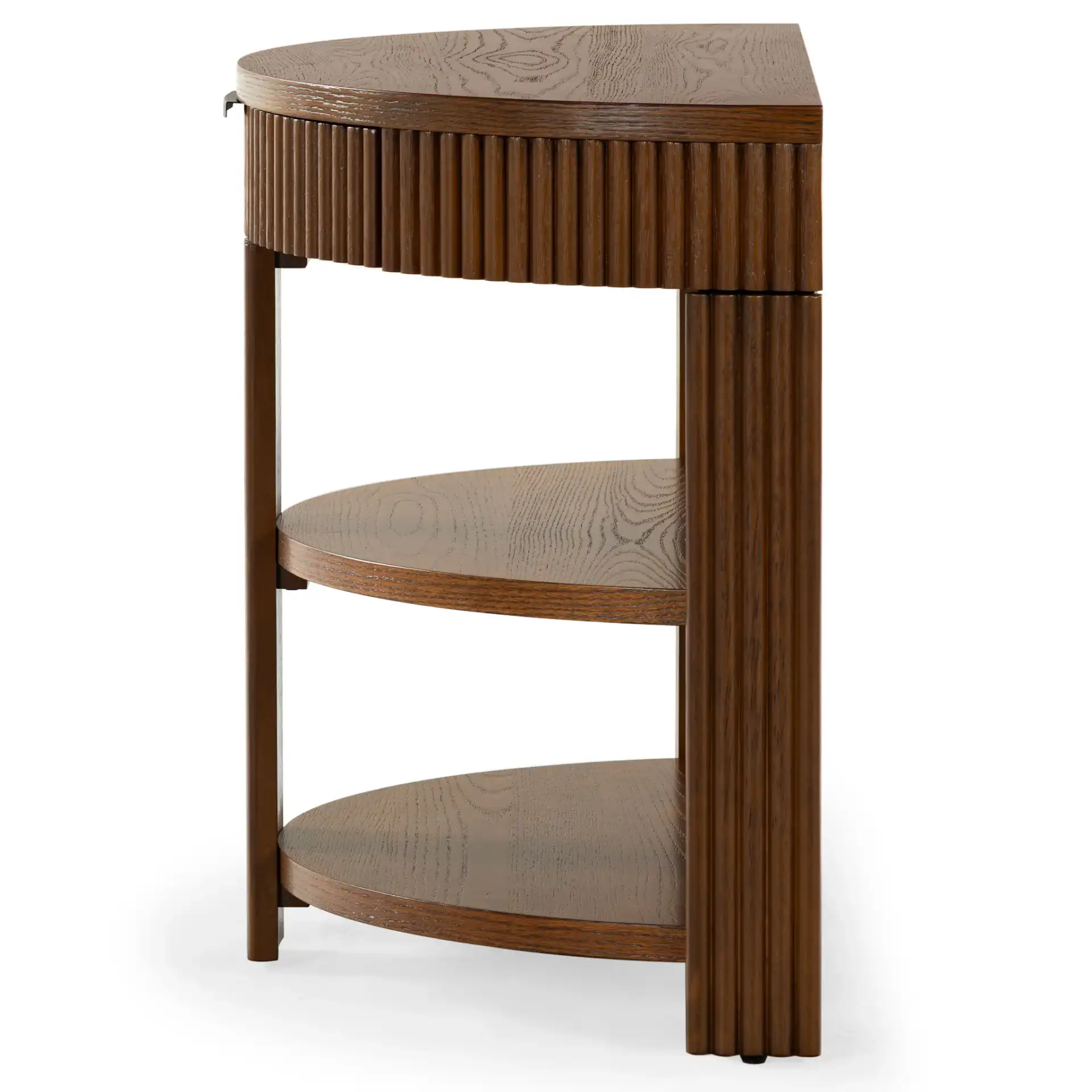 Shelbie Reeded Console Table in Medium Oak / Black, detail view