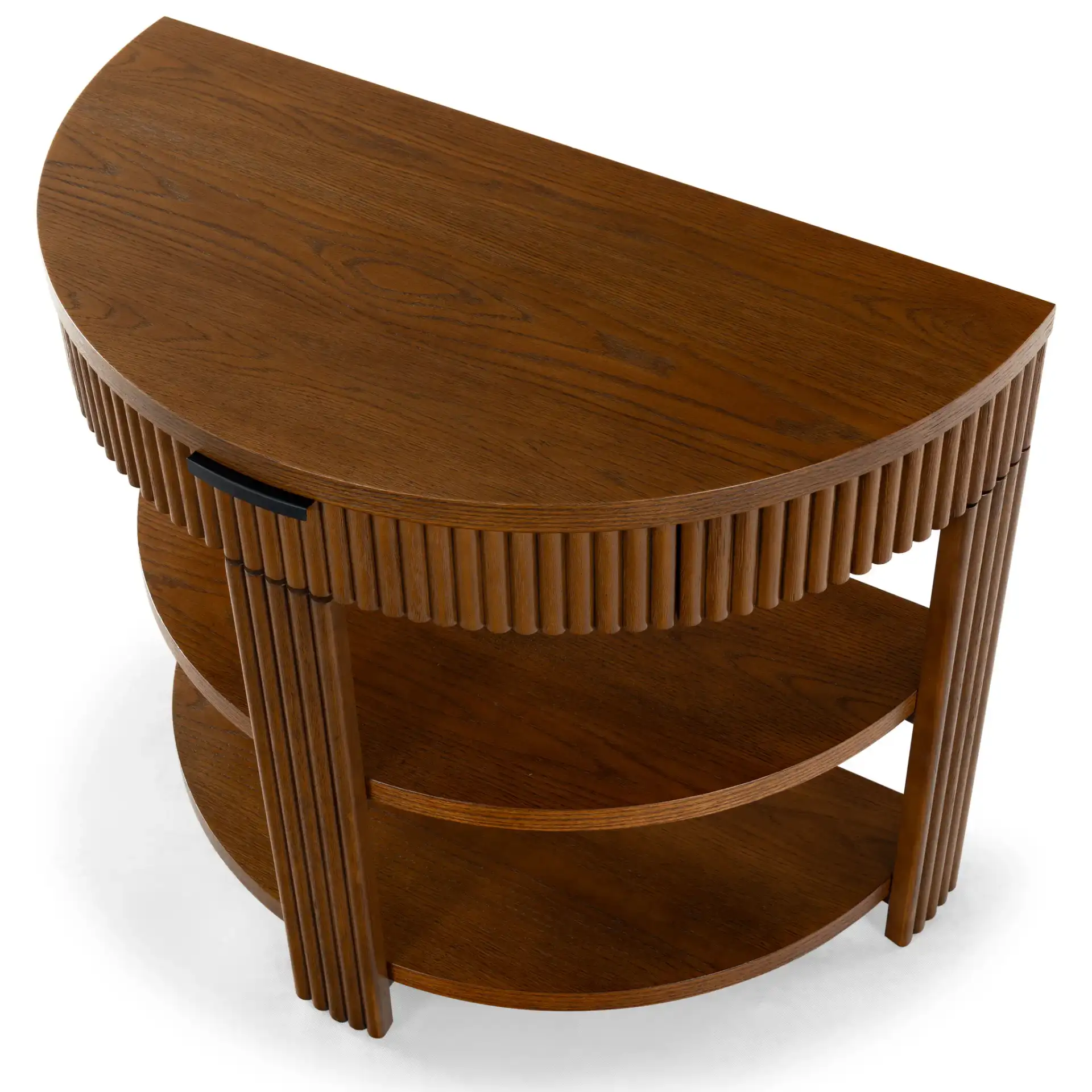 Shelbie Reeded Console Table in Medium Oak / Black, detail view