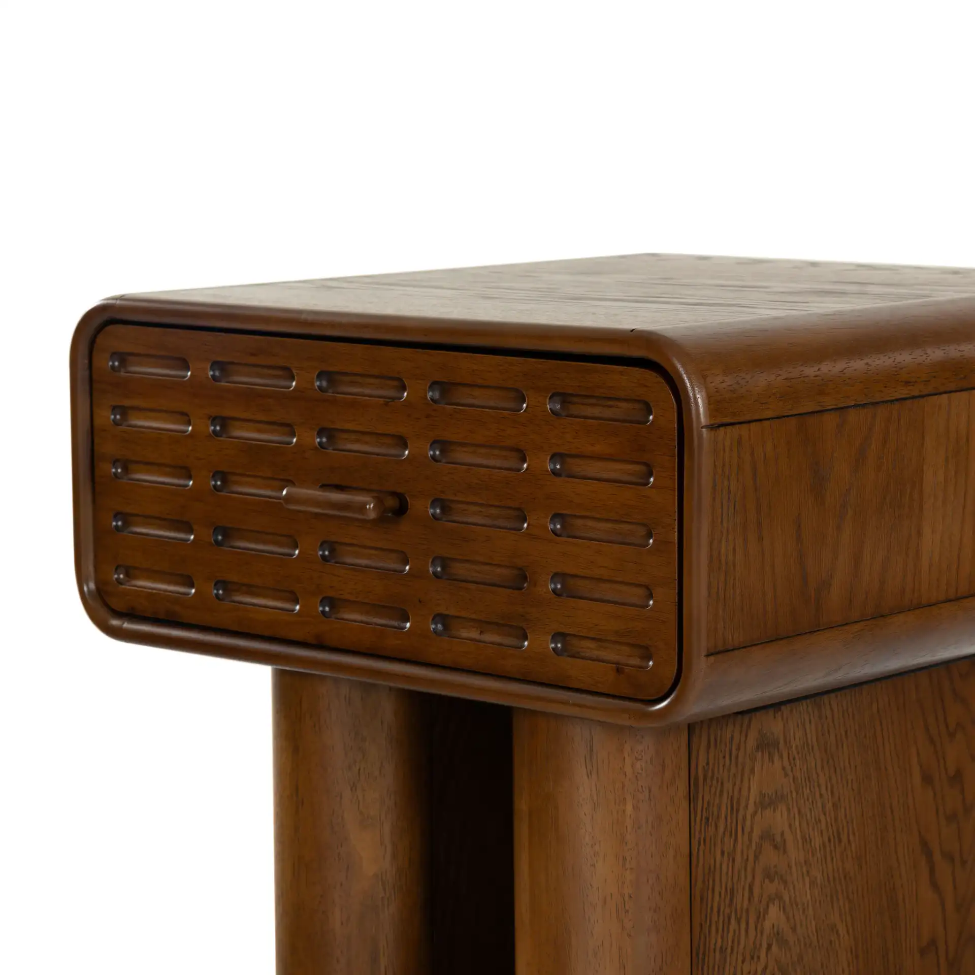 Torricelli One-Drawer Nightstand in Medium Oak in a styled room