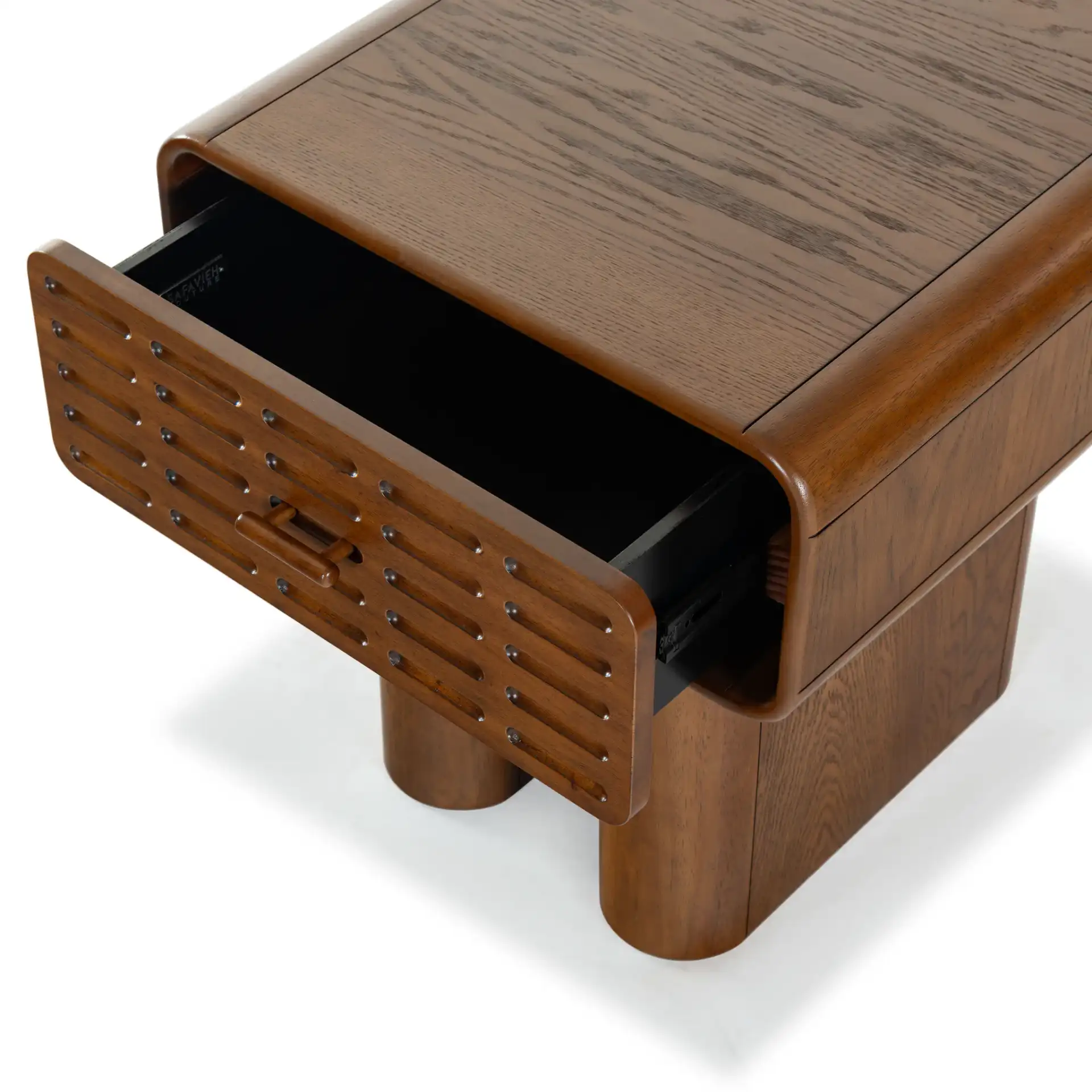 Torricelli One-Drawer Nightstand in Medium Oak in a styled room