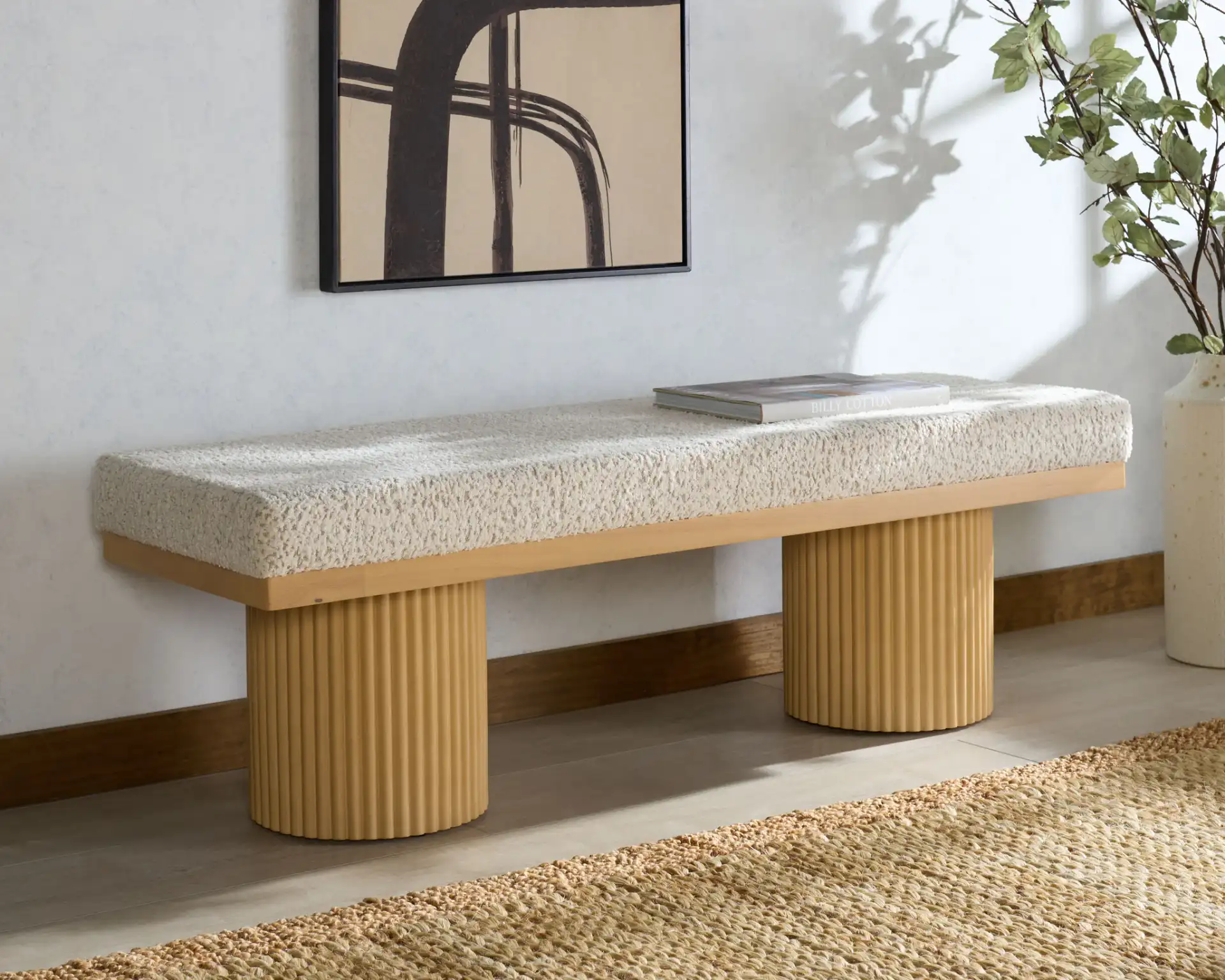 Oneida Boucle Reeded Leg Bench in Oak / White in a styled room