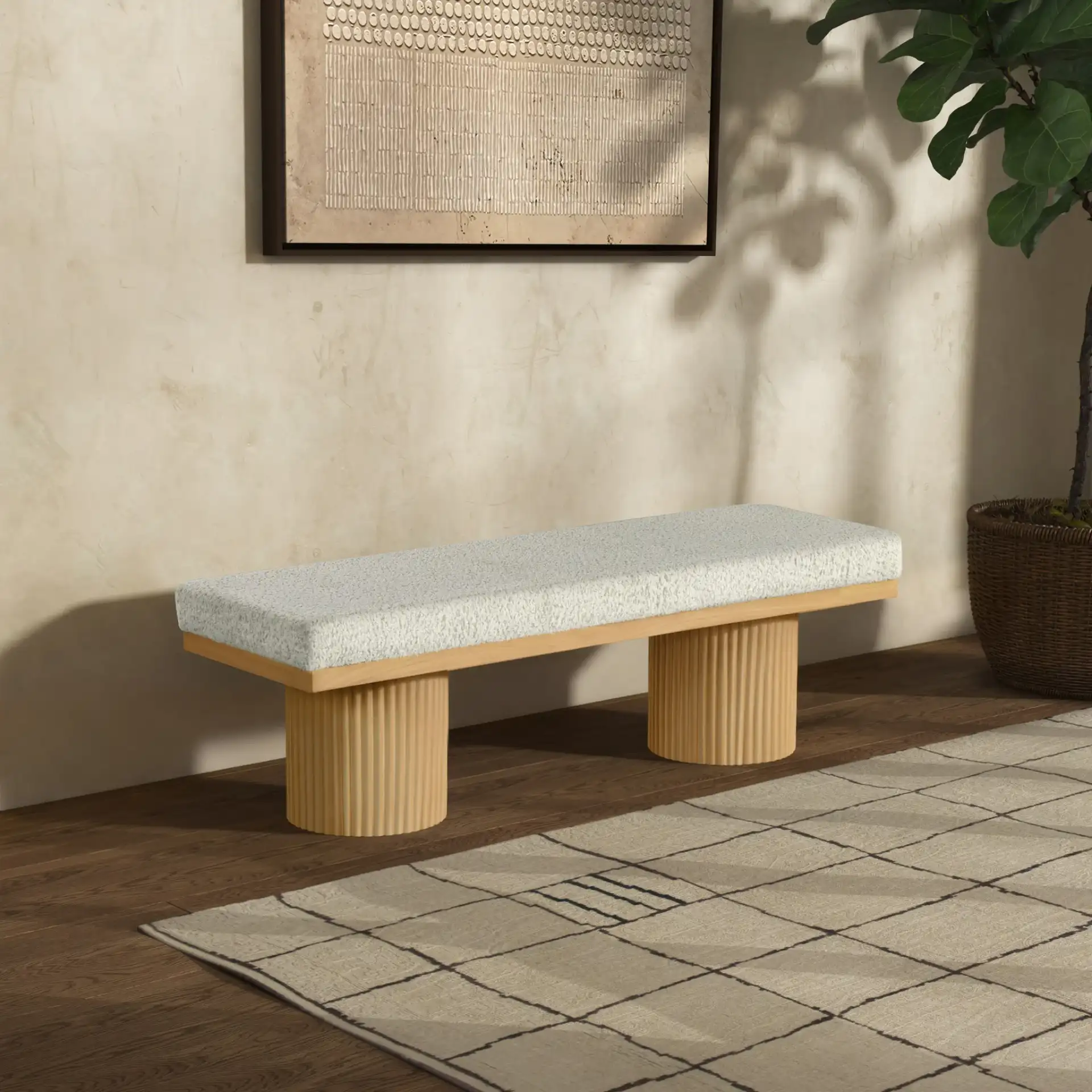 Oneida Boucle Reeded Leg Bench in Oak / White in a styled room