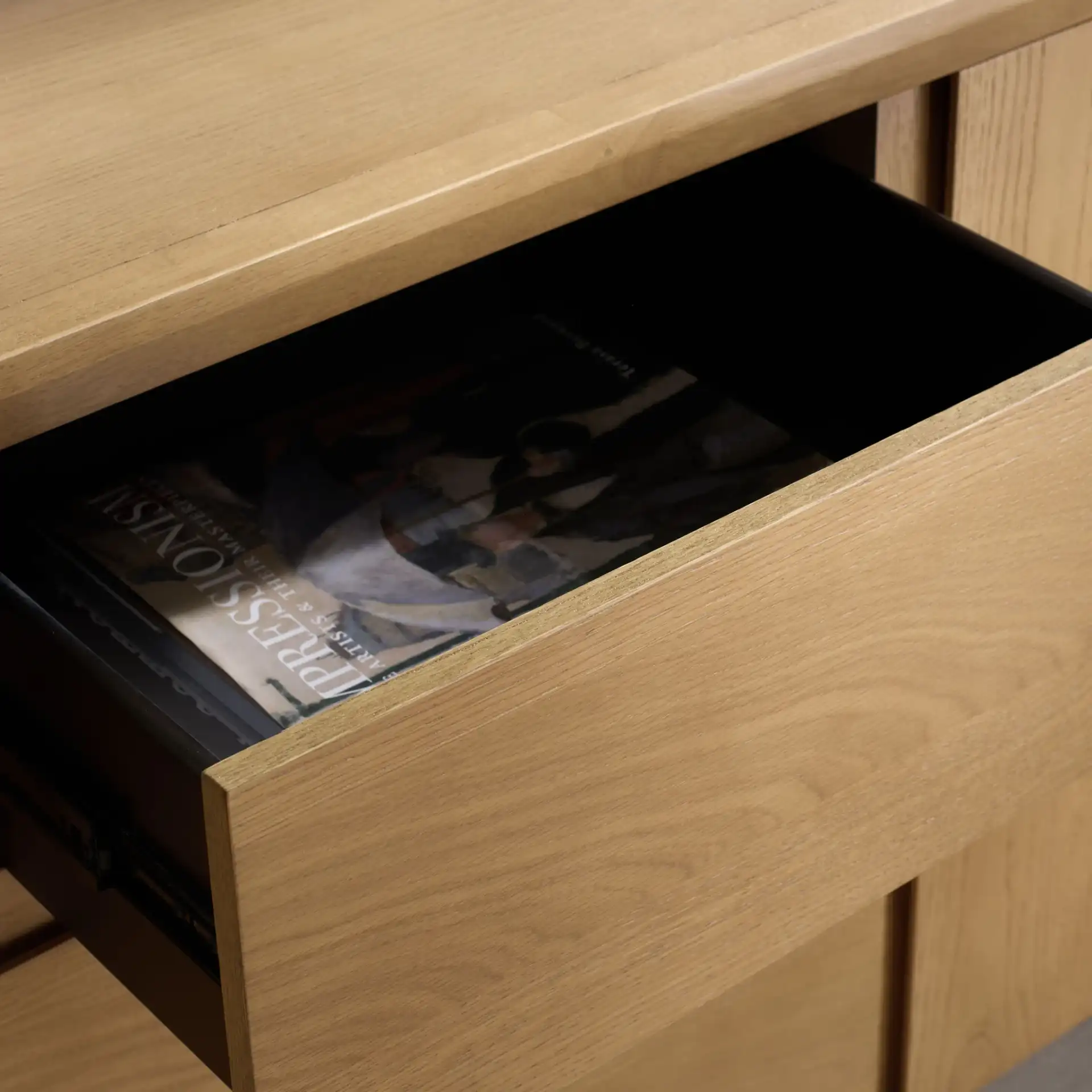 Darnell Wood Three-Drawer Sideboard in Medium Oak in a styled room