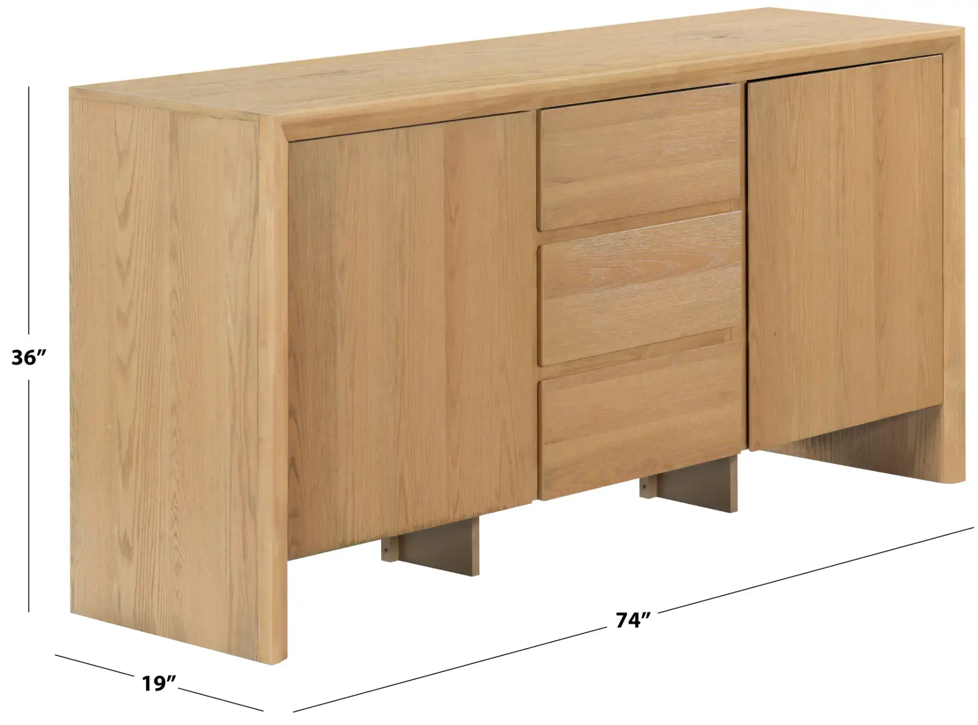 Darnell Wood Three-Drawer Sideboard in Medium Oak, detail view