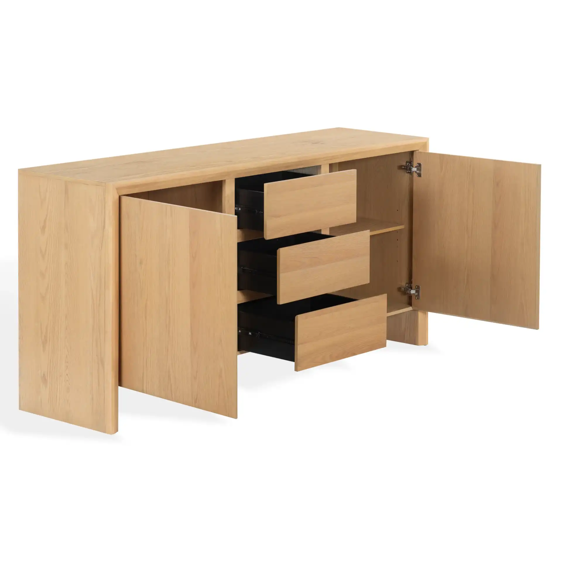 Darnell Wood Three-Drawer Sideboard in Medium Oak, detail view