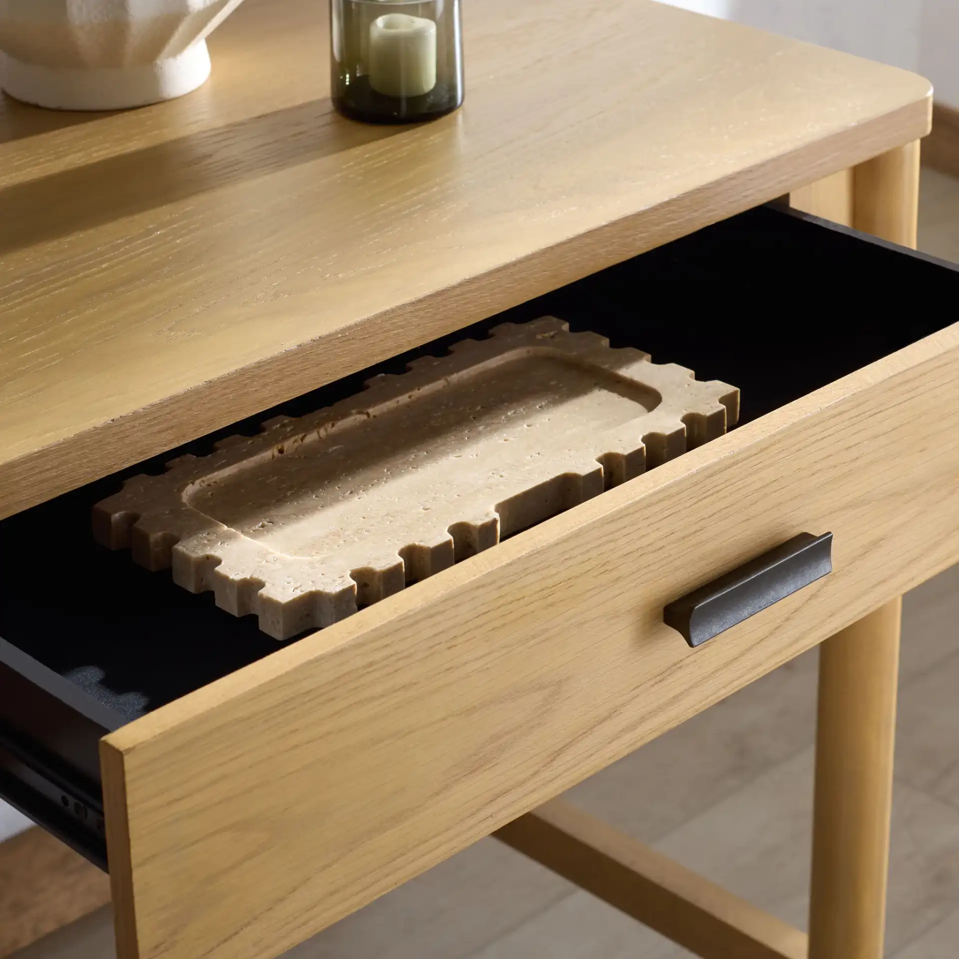 Jaylessa Wood Two-Drawer Desk in Natural in a styled room