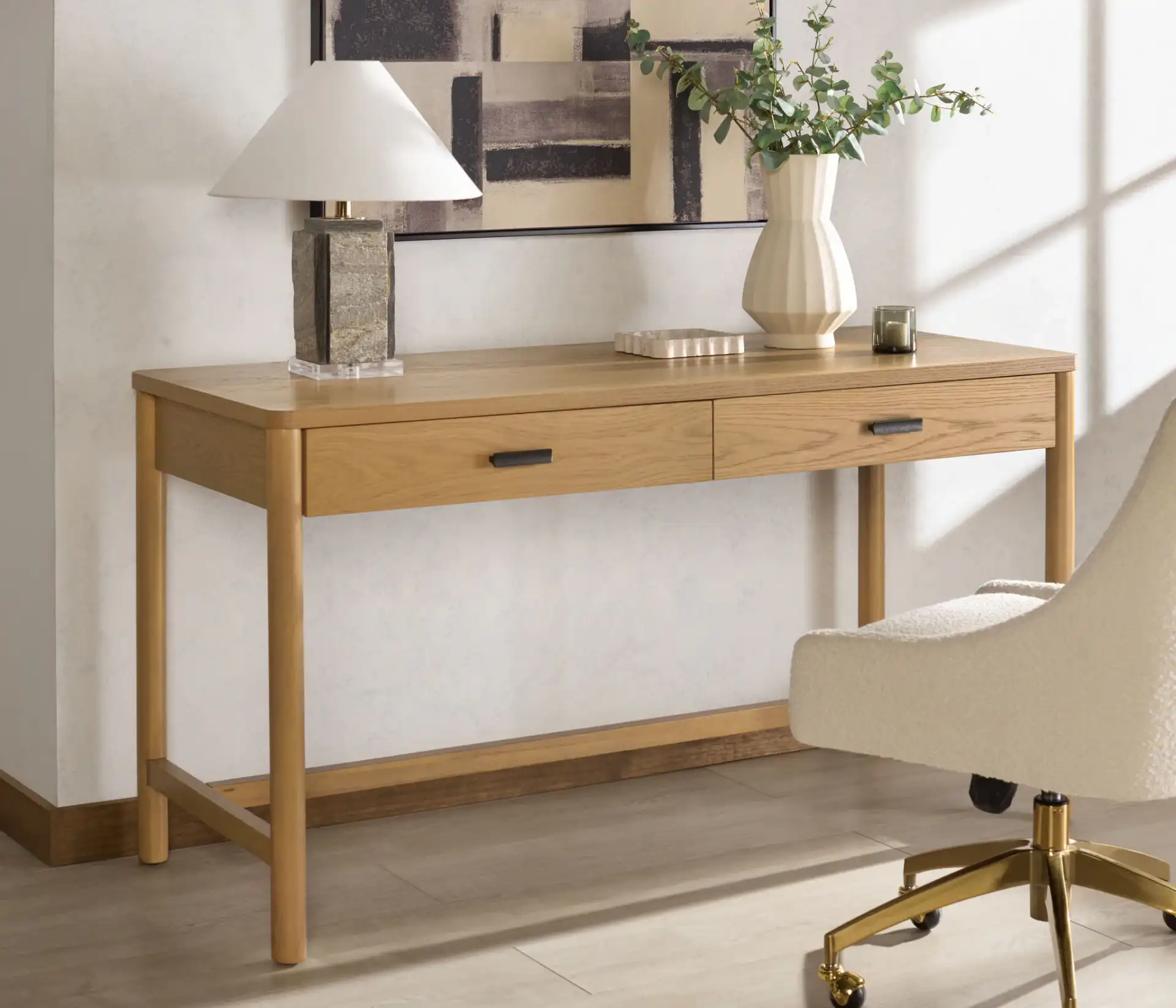 Jaylessa Wood Two-Drawer Desk in Natural in a styled room