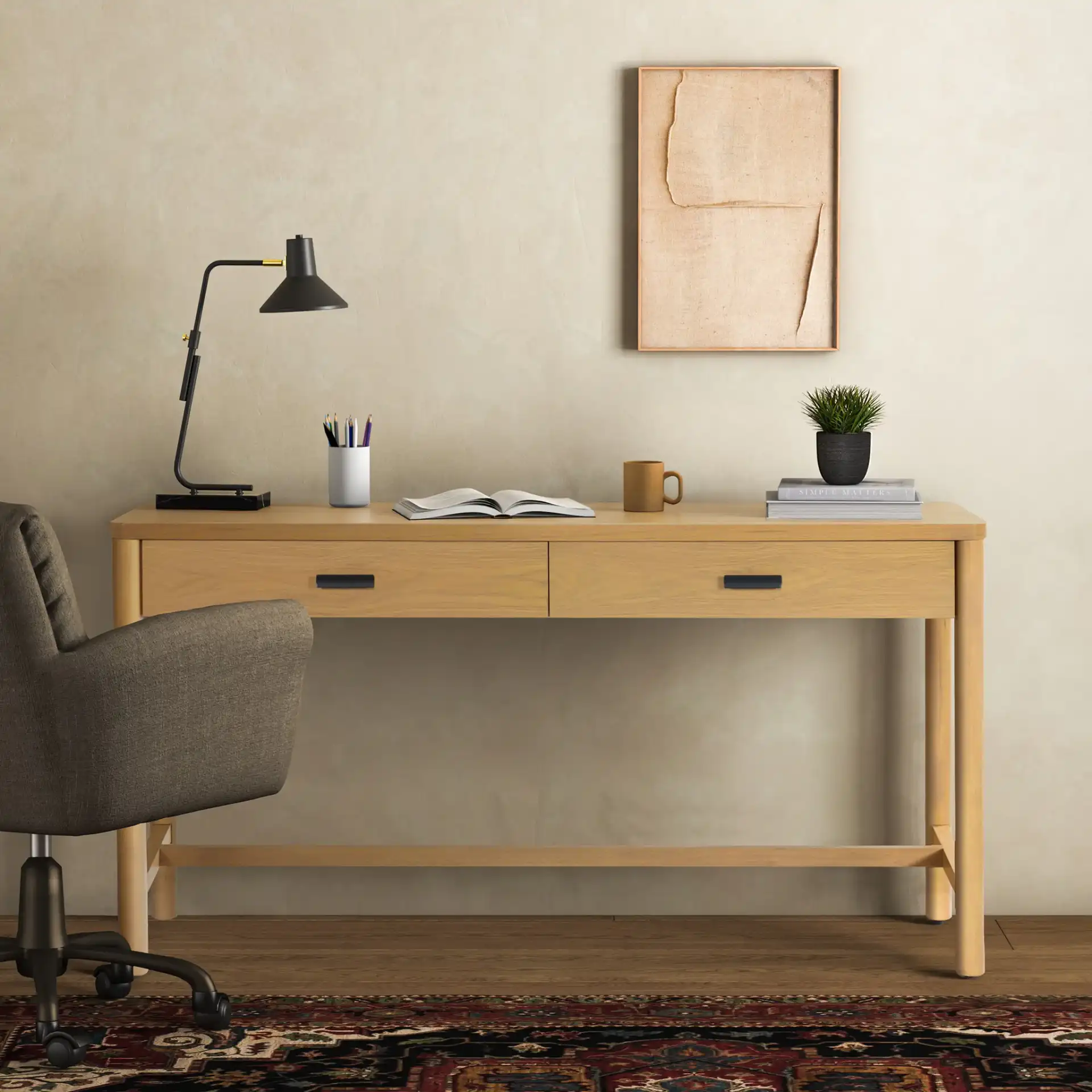 Jaylessa Wood Two-Drawer Desk in Natural in a styled room