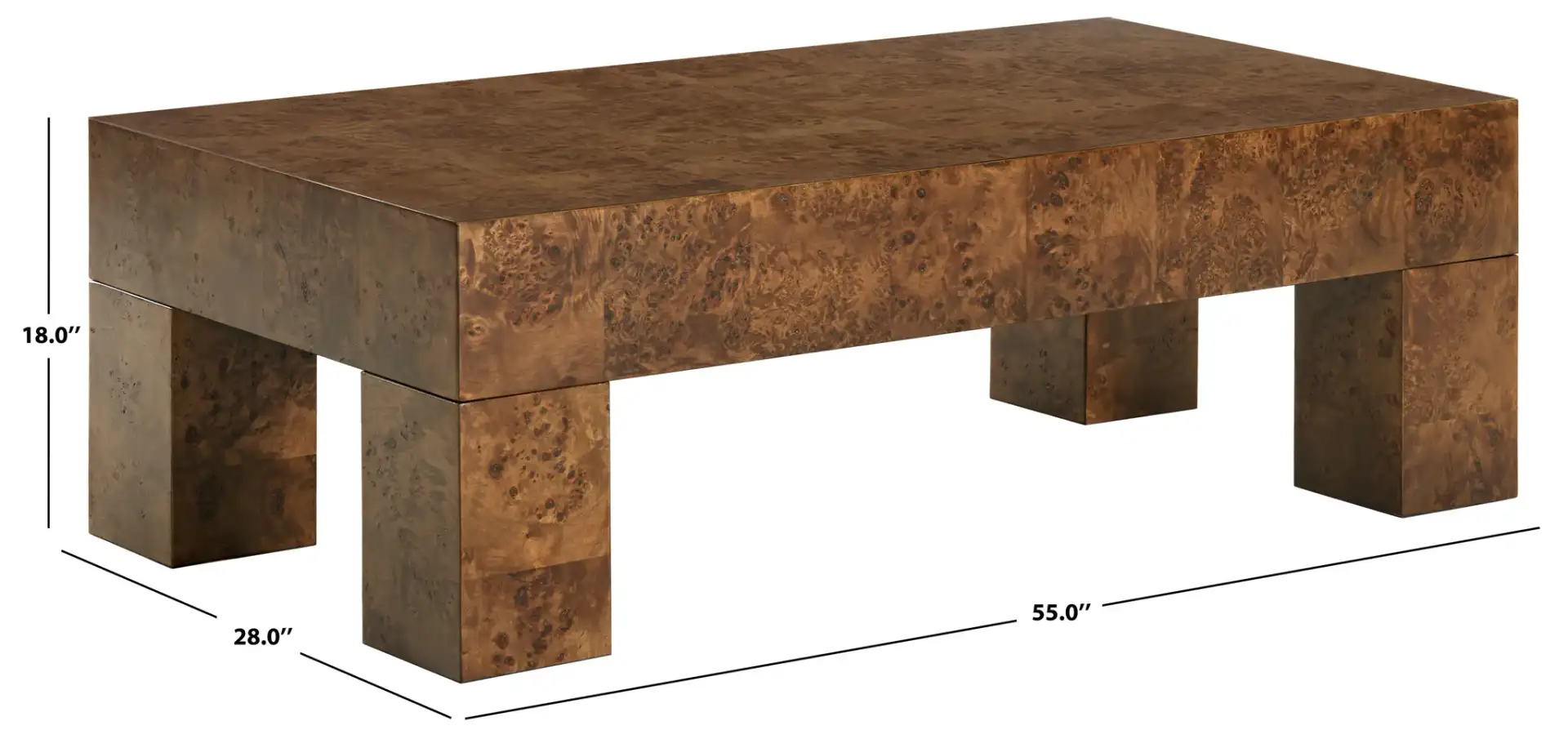 Betharose Burl Wood Coffee Table in Walnut Burl, detail view