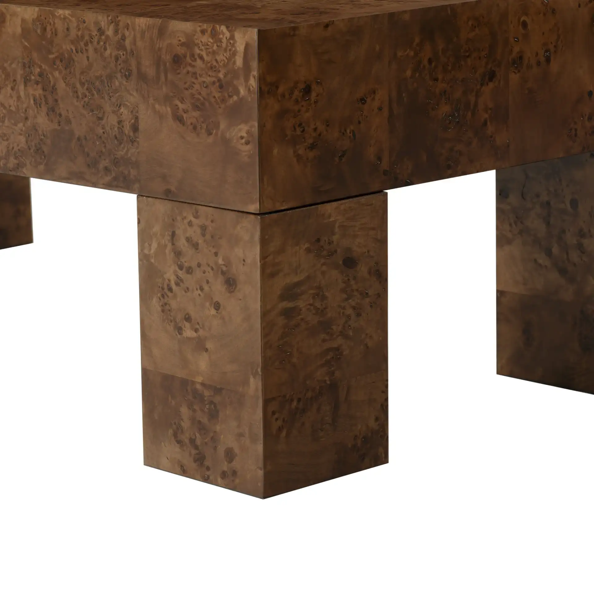 Betharose Burl Wood Coffee Table in Walnut Burl, detail view