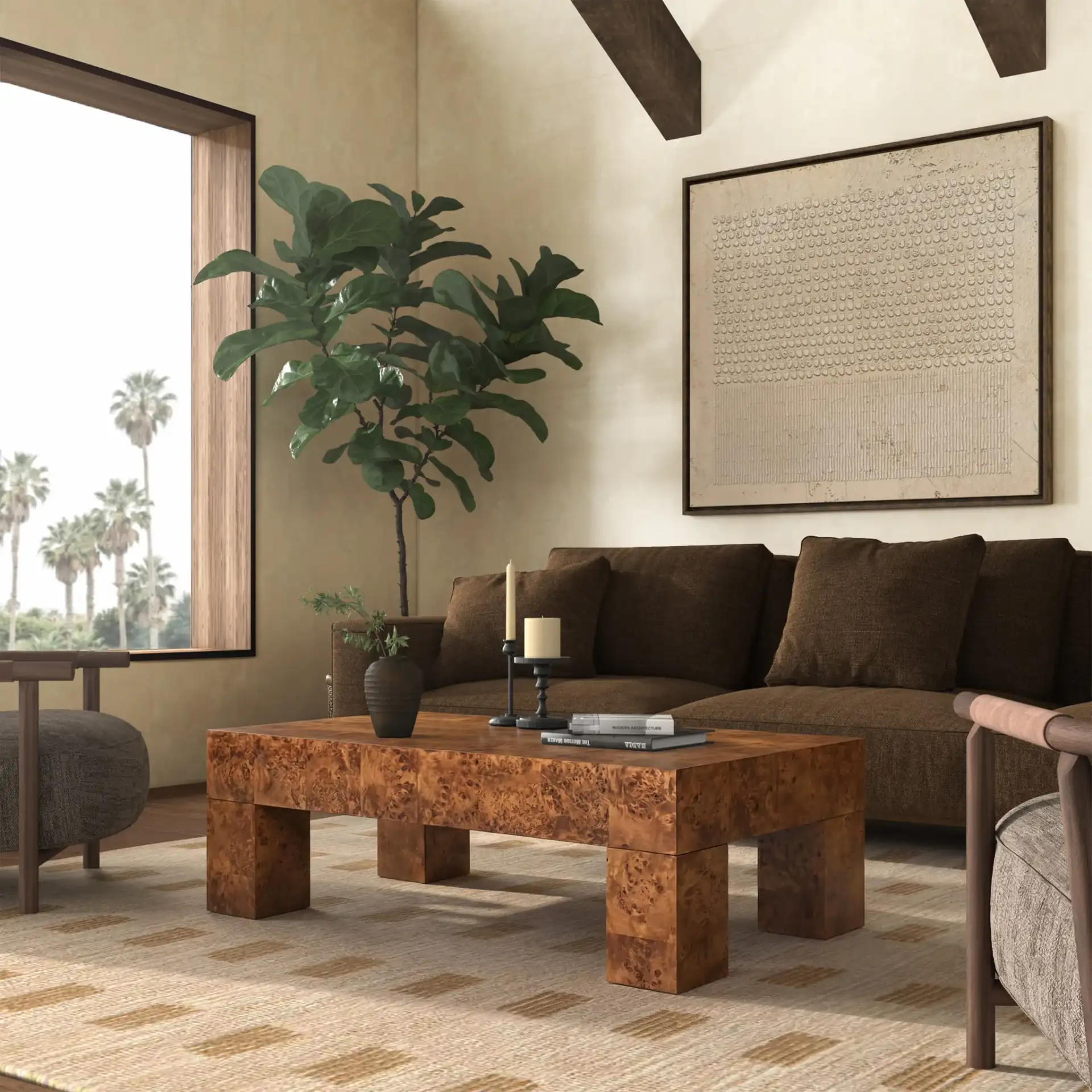 Betharose Burl Wood Coffee Table in Walnut Burl in a styled room