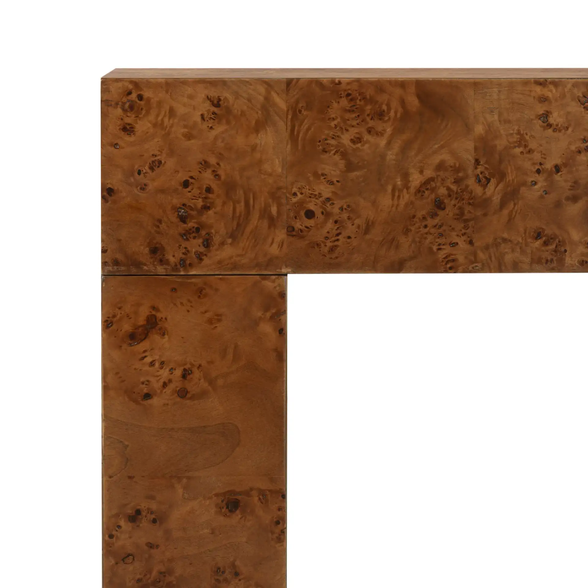 Betharose Burl Wood Console Table in Walnut Burl in a styled room