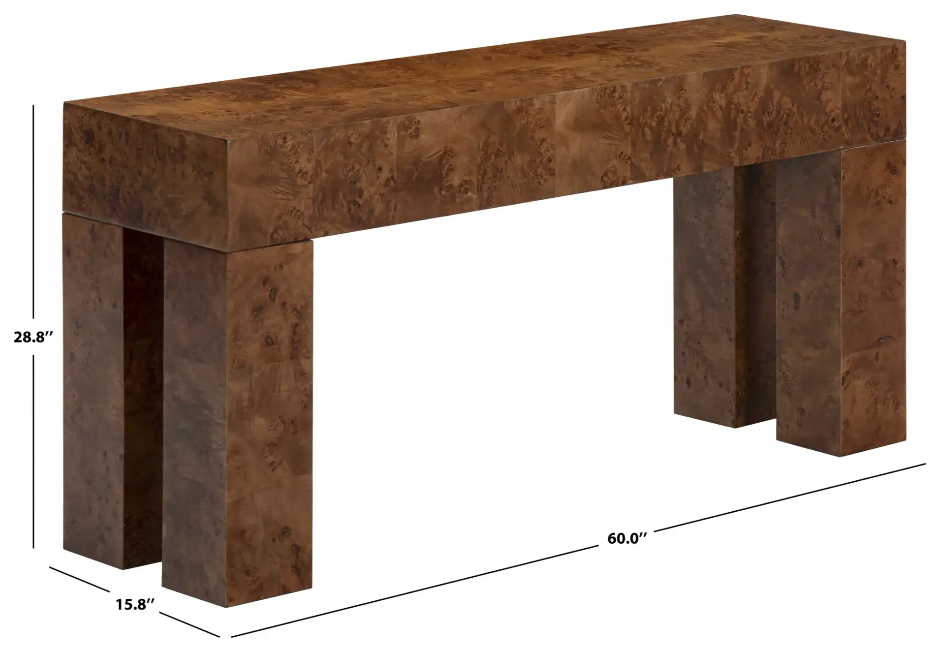 Betharose Burl Wood Console Table in Walnut Burl, detail view