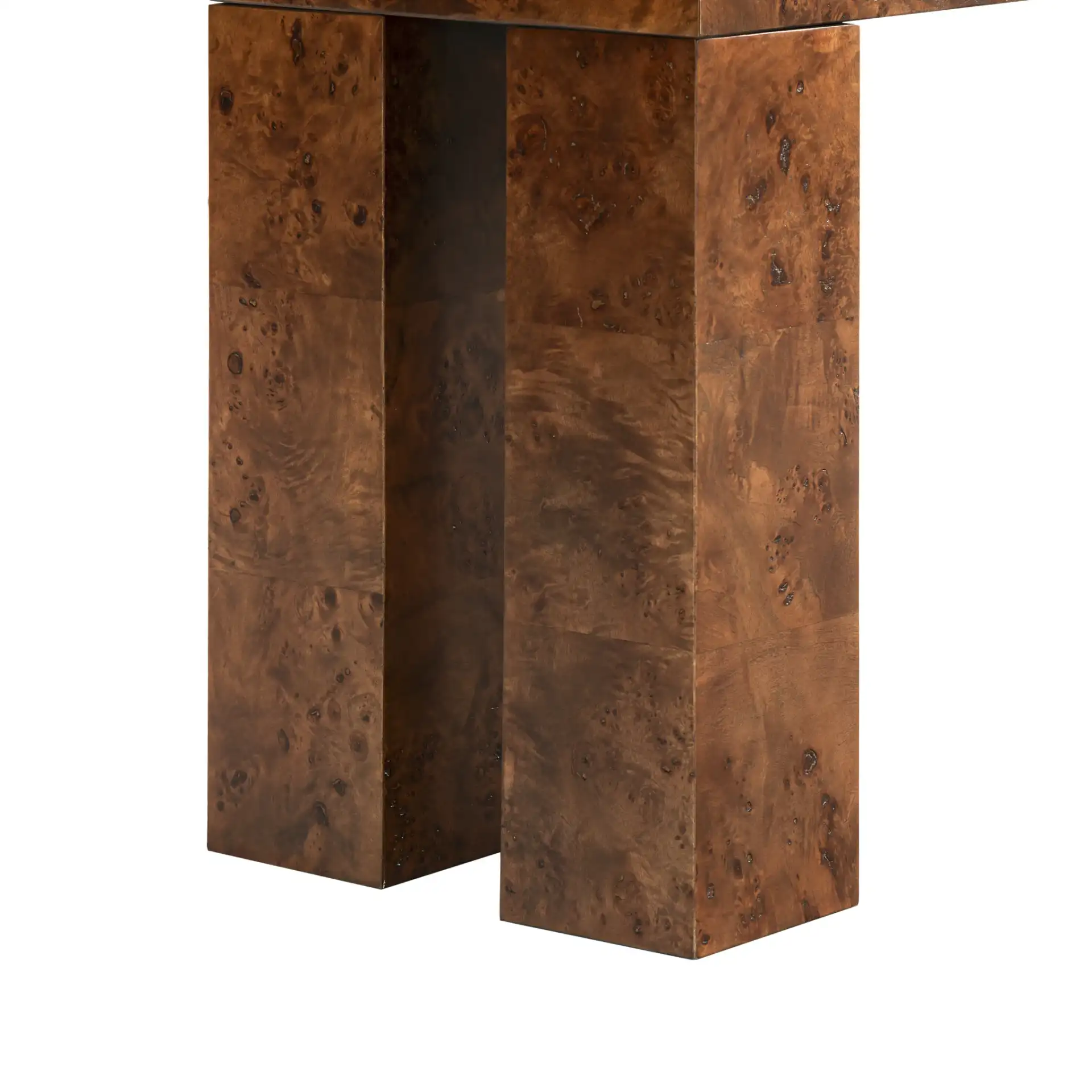 Betharose Burl Wood Console Table in Walnut Burl, detail view