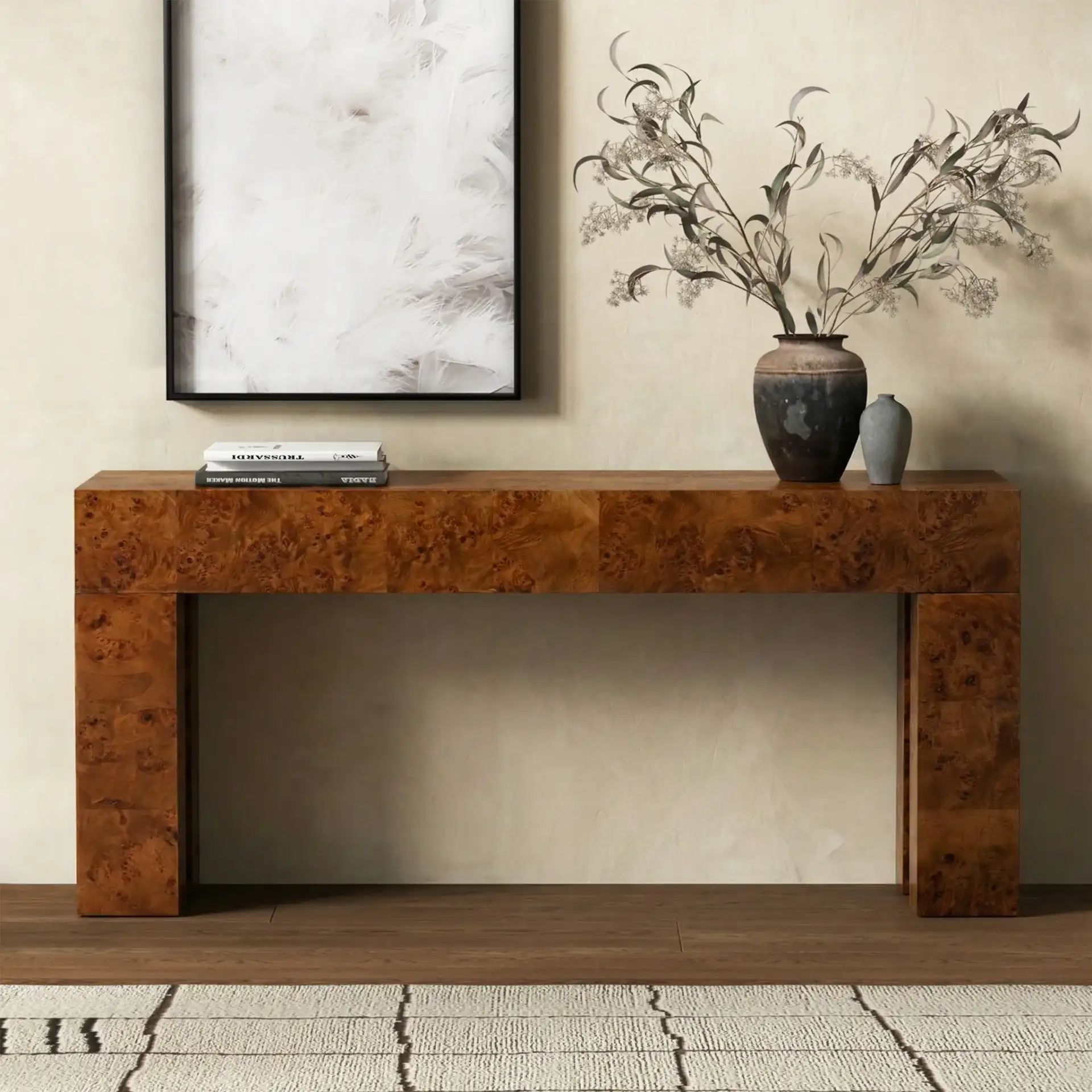 Betharose Burl Wood Console Table in Walnut Burl in a styled room